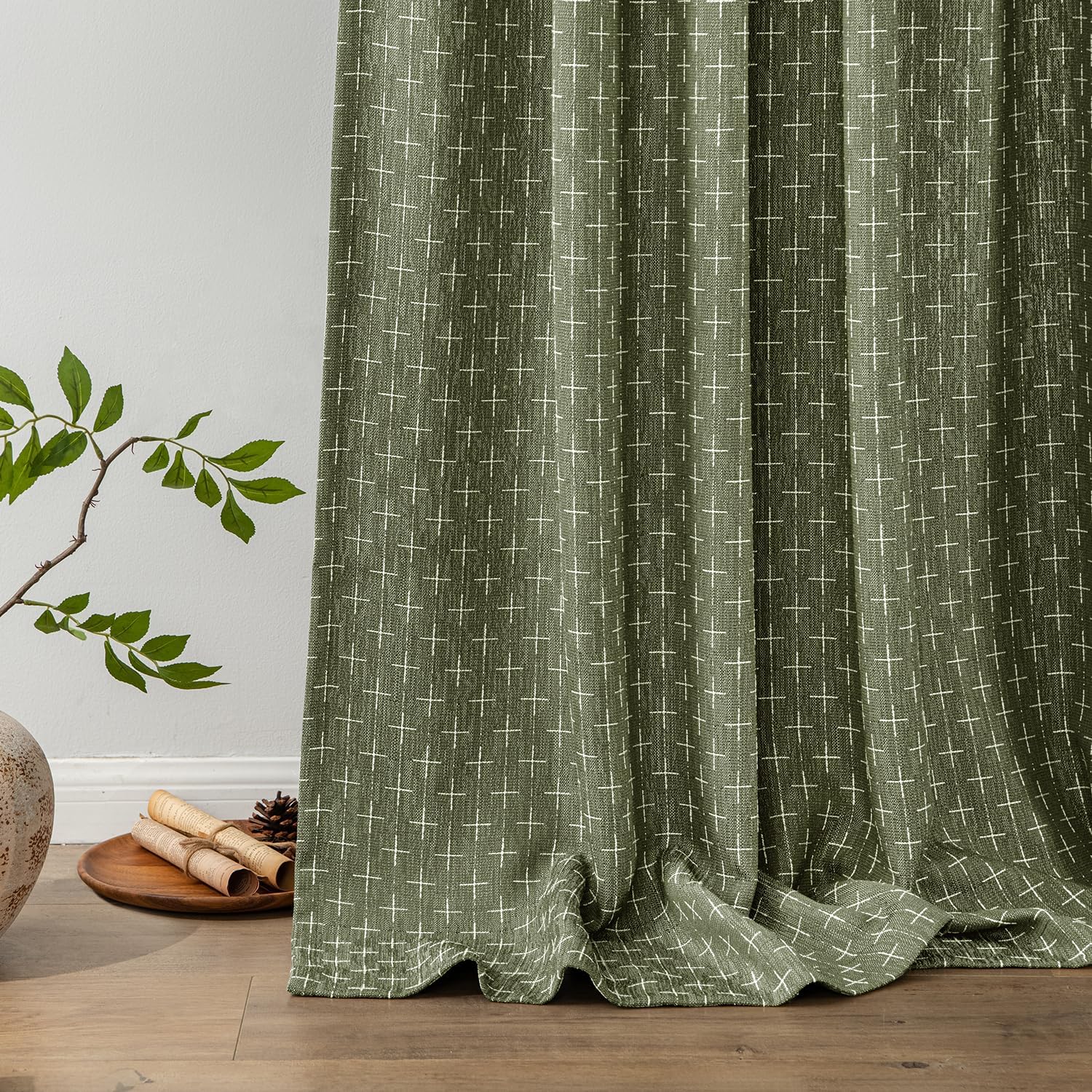 MIULEE Decorative Back Tab Linen Curtains with Geometric Pattern for Living Room Bedroom Farmhouse Rustic Thick Woven Textured Patterned Mudcloth Drapes 90 Inch Long 2 Panels Set, Olive Green