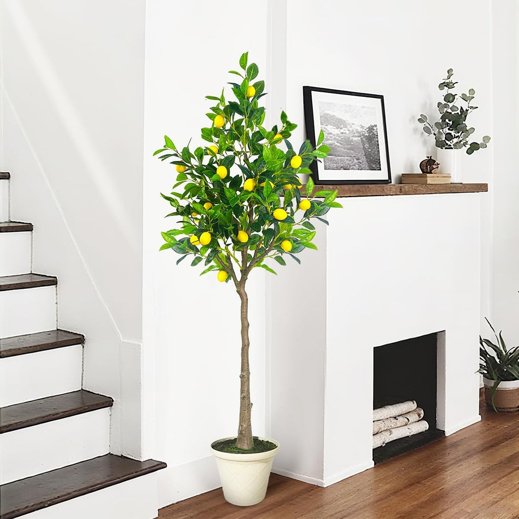 Artificial Lemon Tree, 5FT Fake Lemon Plant, Faux Lemon Tree with Realistic Trunk and Lifelike Leaves, Plastic Lemon Fruit Tree for Home Decor Living Room Office