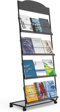 TONGMO Magazine Rack: Floor-Standing 4-Layer with Wheels, Brochure Display Stand, High-hardness metal for Exhibitions, Office, and Any Organization Requiring Information Display(Black)