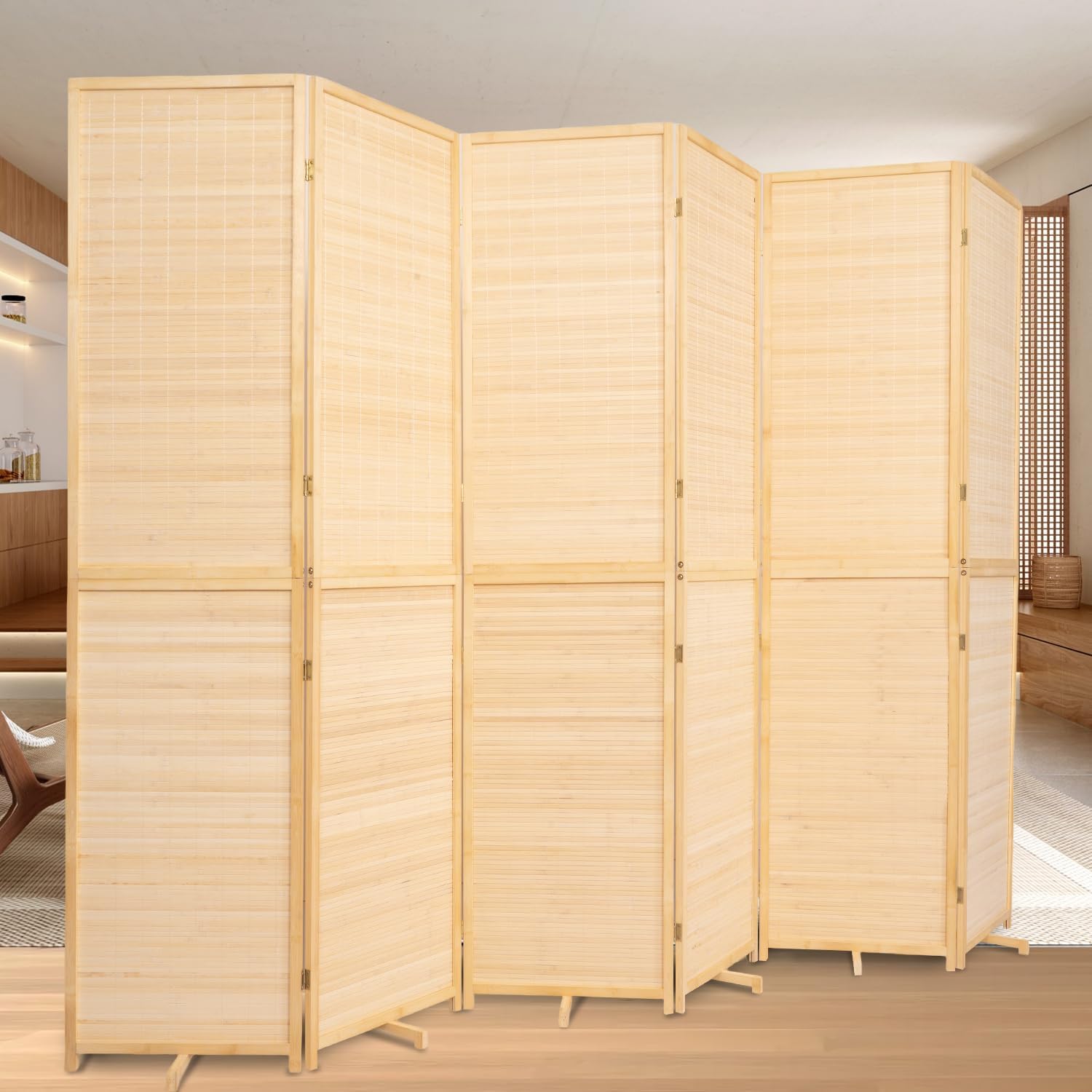 Room Divider Folding Privacy Screens, Hand-Made 67'' High Bamboo Room Dividers Freestanding 2-in-1 Multifunction 4 Panel Wall Divider for Room Separation, Portable Room Partitions and Dividers