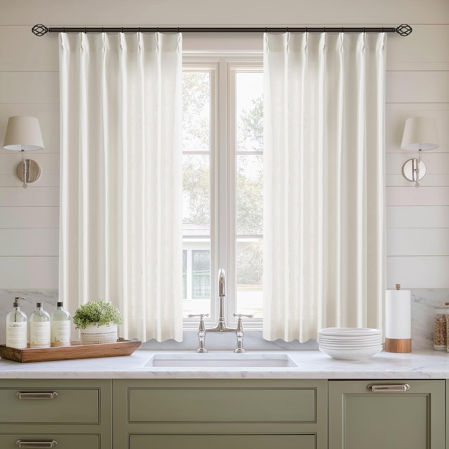 Natural Pinch Pleated Linen Curtains 84 Inch Length 2 Panels for Living Room Bedroom Textured Cream Ivory Birch Semi Sheer Boho Neutral Back Tab Pinch Pleat Hooks Rings Window Curtain 84 Inches Long