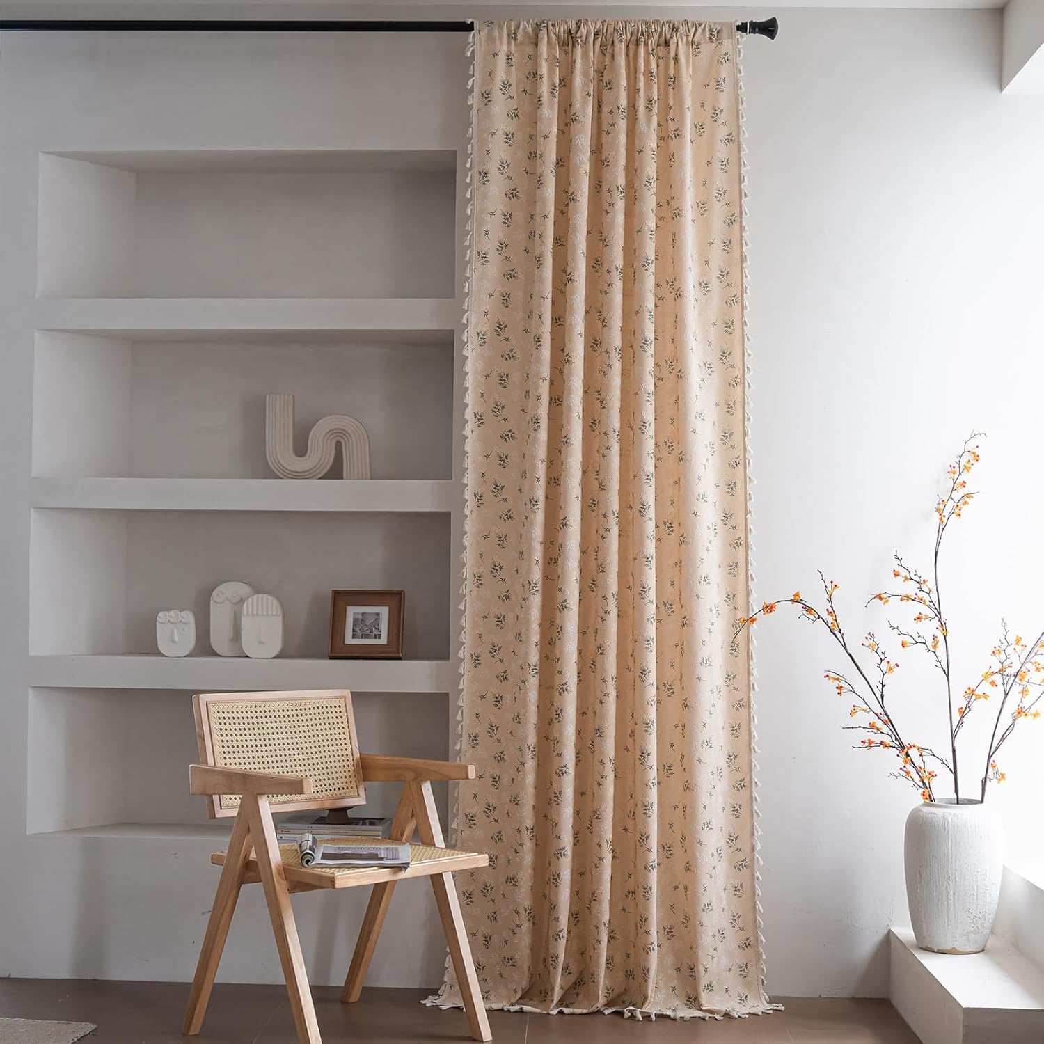 ENJOYBRIDAL Floral Bedroom Curtains 84 Inch Length 2 Panels Set Farmhouse Semi Sheer Living Room Drapes Cotton Linen Blend Bohemian Window Curtain Panels with Tassel Beige Rod Pocket Drapes