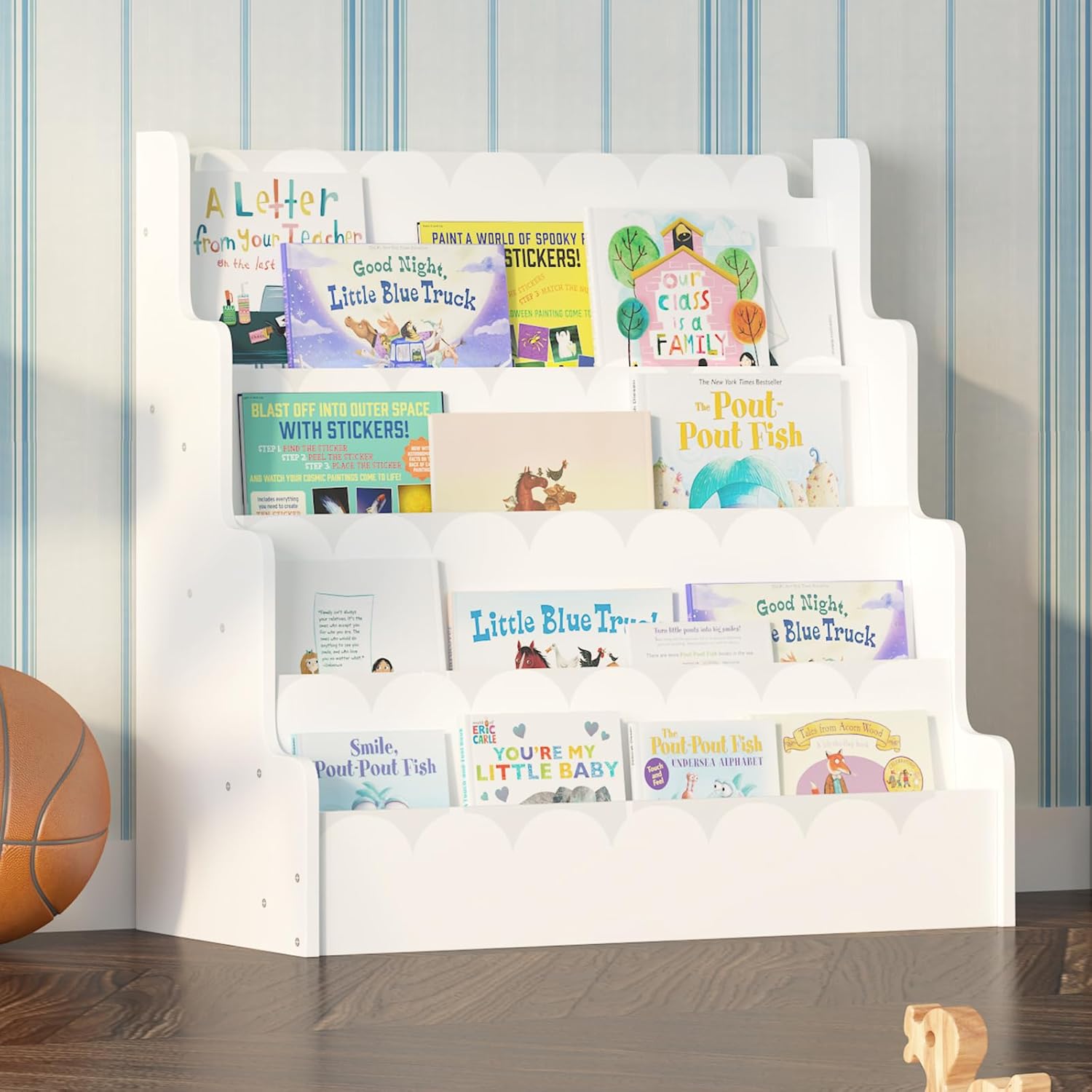 4 Tier Scalloped Kids Bookshelf Natural Wood Toddler Book Rack Nursery Bookcase Playroom Coloring Book Magazine Display Storage Shelf Organizer Classroom Library Homeschooling (Natural Wood)