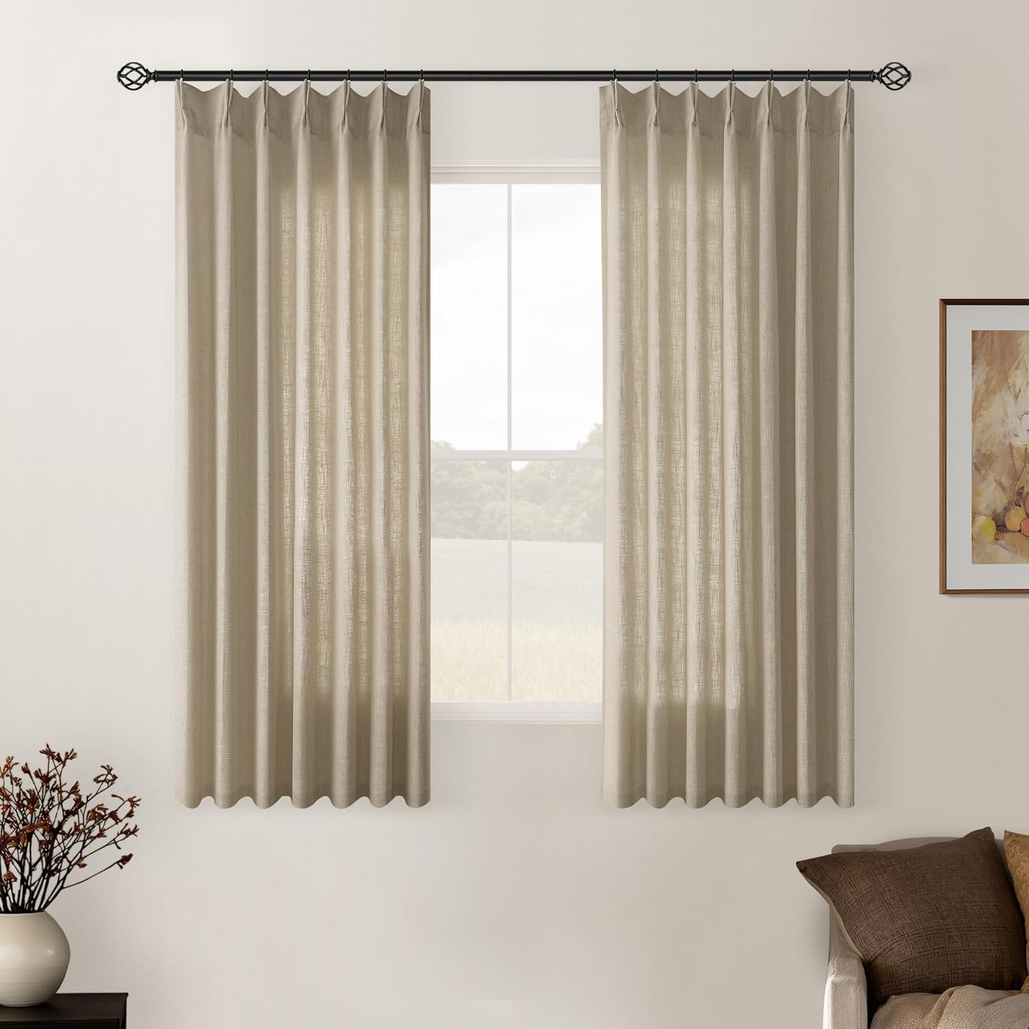 Natural Pinch Pleated Linen Curtains 84 Inch Length 2 Panels for Living Room Bedroom Textured Cream Ivory Birch Semi Sheer Boho Neutral Back Tab Pinch Pleat Hooks Rings Window Curtain 84 Inches Long