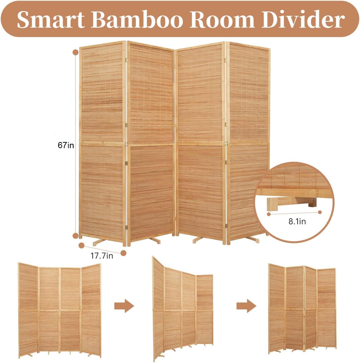 Room Divider Folding Privacy Screens, Hand-Made 67'' High Bamboo Room Dividers Freestanding 2-in-1 Multifunction 4 Panel Wall Divider for Room Separation, Portable Room Partitions and Dividers