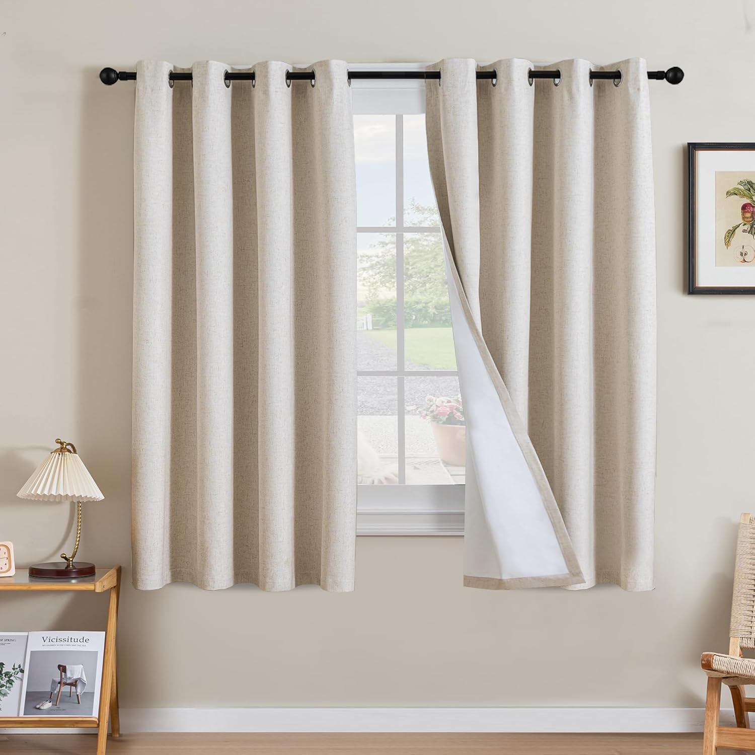 H.VERSAILTEX Linen 100% Blackout Curtains for Bedroom Full Light Blocking Curtains, Textured Window Curtain for Living Room 84 inch Grommet, Energy Efficient Curtains White Liner(2 Panels, Natural)