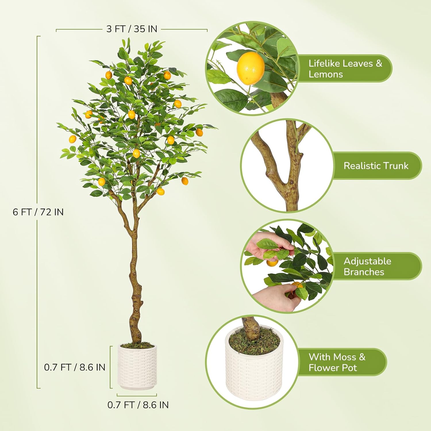 GarveeHome 6 ft Artificial Lemon Tree Indoor, Pre Potted Faux Lemon Tree with Realistic Fruit and Lifelike Leaves, Fake Lemom Plant with 100 Lights for Indoor Home Decor Office Living Room