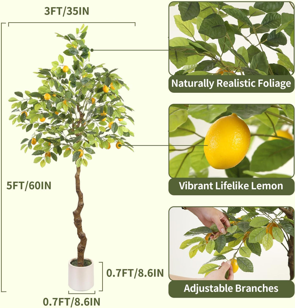 Artificial Lemon Tree, 5 feet Indoor Fake Plants, Comes with 21 Simulated Lemon Fruits, Adjustable Branches, for Home Living Room Decorations and Office Decorations