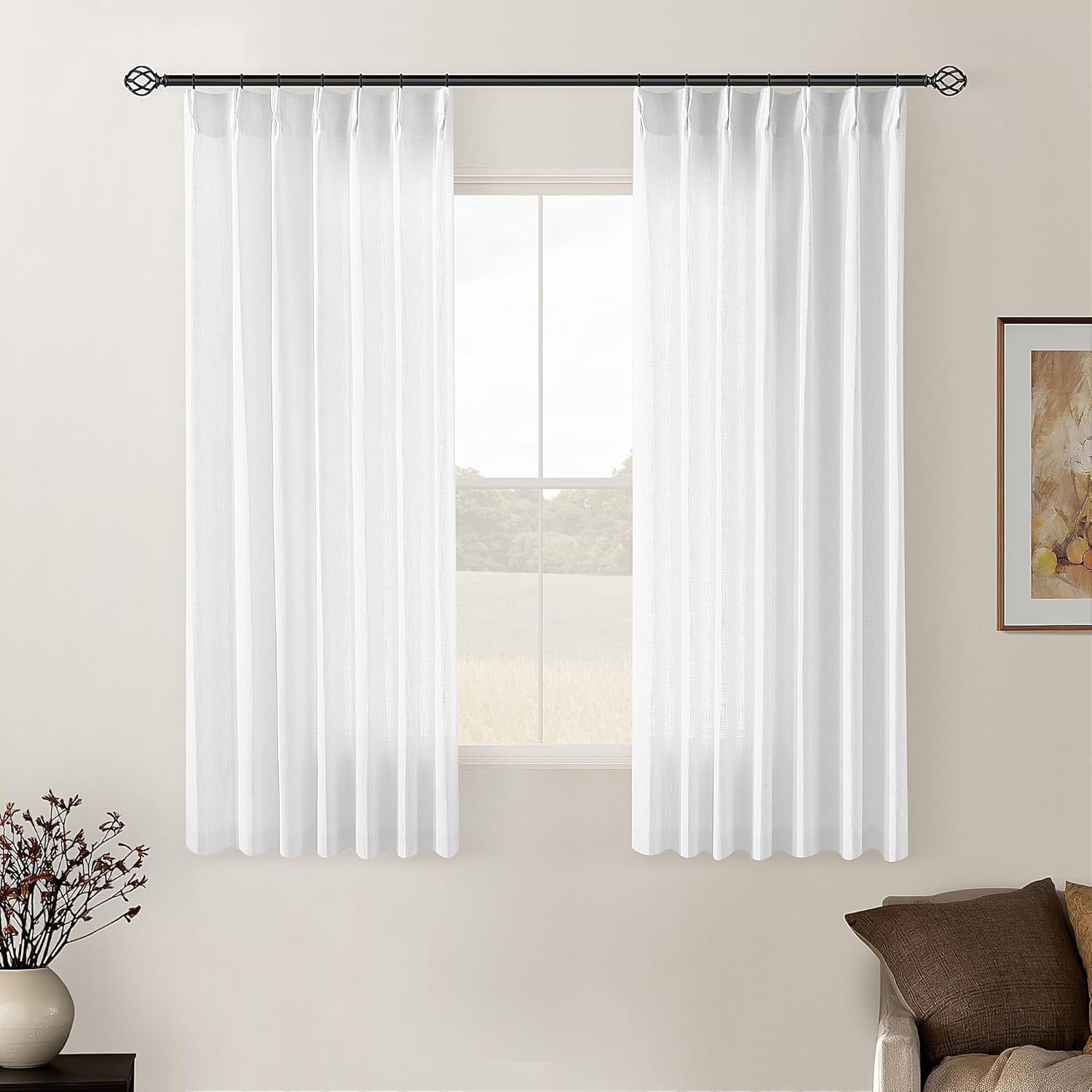 Natural Pinch Pleated Linen Curtains 84 Inch Length 2 Panels for Living Room Bedroom Textured Cream Ivory Birch Semi Sheer Boho Neutral Back Tab Pinch Pleat Hooks Rings Window Curtain 84 Inches Long