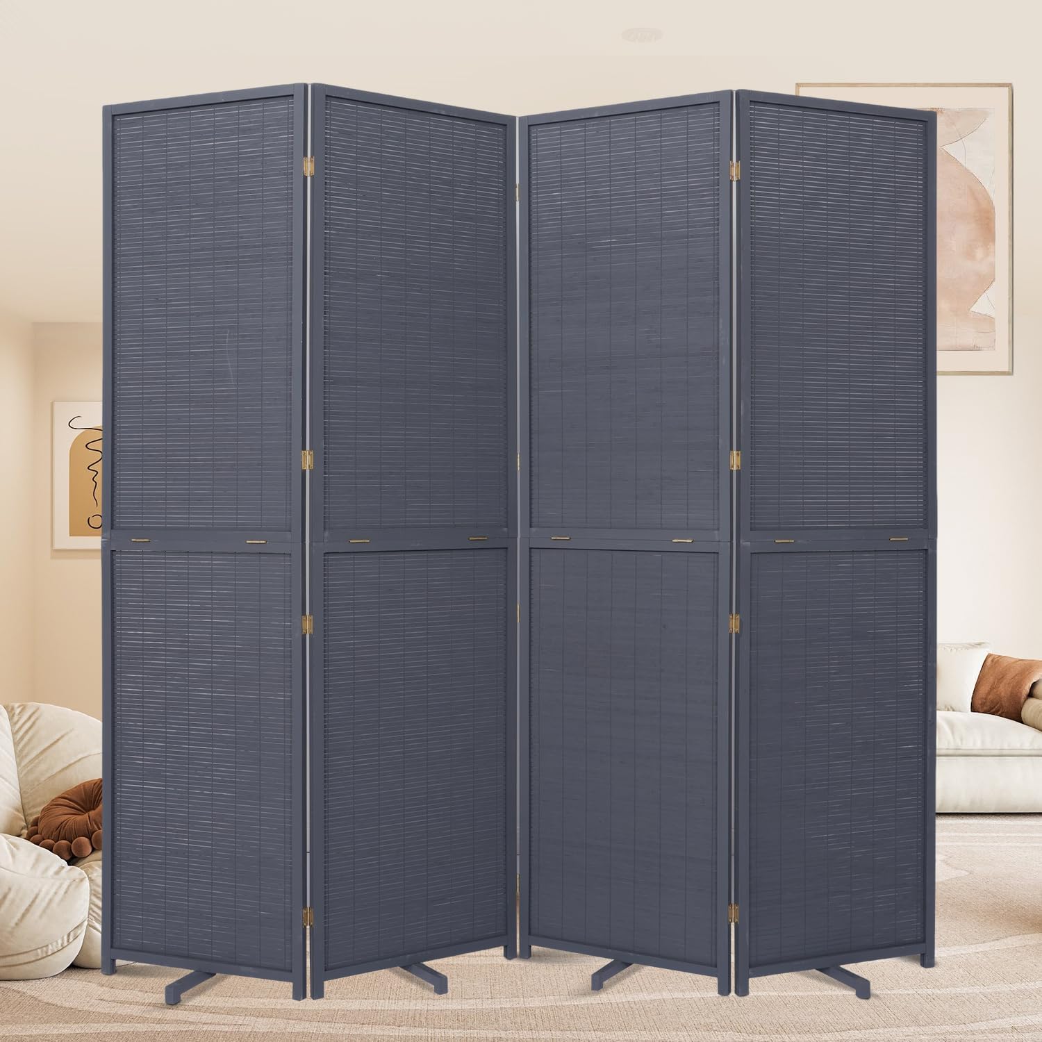 Room Divider Folding Privacy Screens, Hand-Made 67'' High Bamboo Room Dividers Freestanding 2-in-1 Multifunction 4 Panel Wall Divider for Room Separation, Portable Room Partitions and Dividers