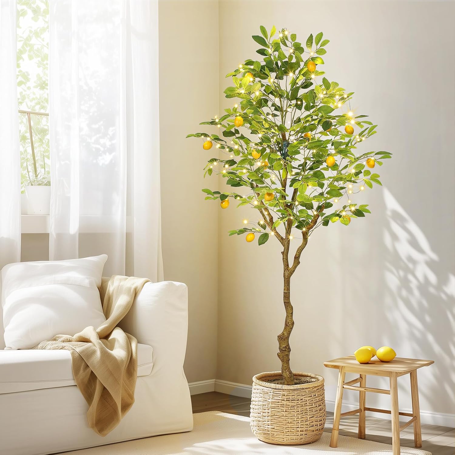 GarveeHome 6 ft Artificial Lemon Tree Indoor, Pre Potted Faux Lemon Tree with Realistic Fruit and Lifelike Leaves, Fake Lemom Plant with 100 Lights for Indoor Home Decor Office Living Room
