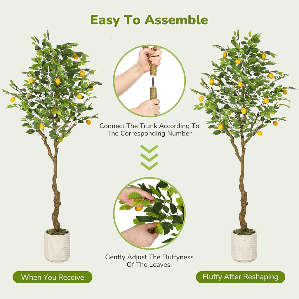 GarveeHome 6 ft Artificial Lemon Tree Indoor, Pre Potted Faux Lemon Tree with Realistic Fruit and Lifelike Leaves, Fake Lemom Plant with 100 Lights for Indoor Home Decor Office Living Room