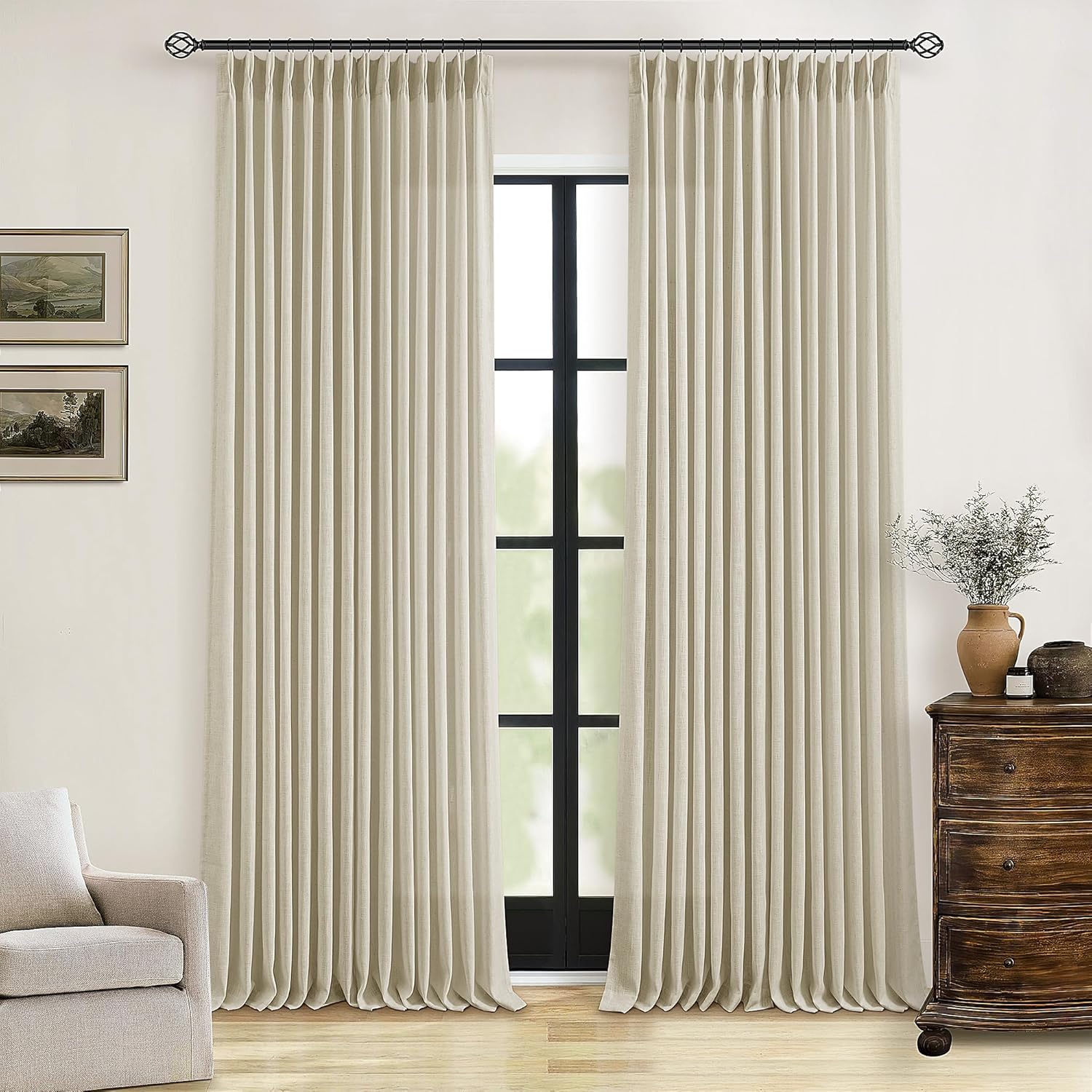 Natural Pinch Pleated Linen Curtains 84 Inch Length 2 Panels for Living Room Bedroom Textured Cream Ivory Birch Semi Sheer Boho Neutral Back Tab Pinch Pleat Hooks Rings Window Curtain 84 Inches Long