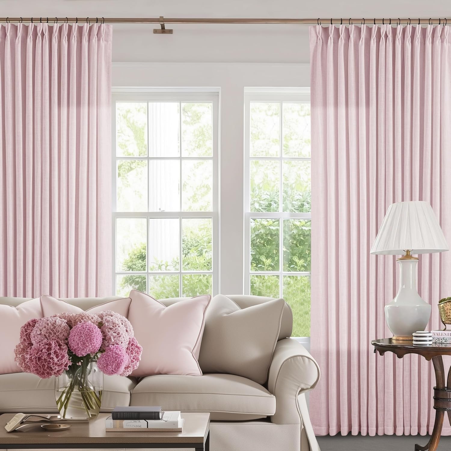 Natural Pinch Pleated Linen Curtains 84 Inch Length 2 Panels for Living Room Bedroom Textured Cream Ivory Birch Semi Sheer Boho Neutral Back Tab Pinch Pleat Hooks Rings Window Curtain 84 Inches Long