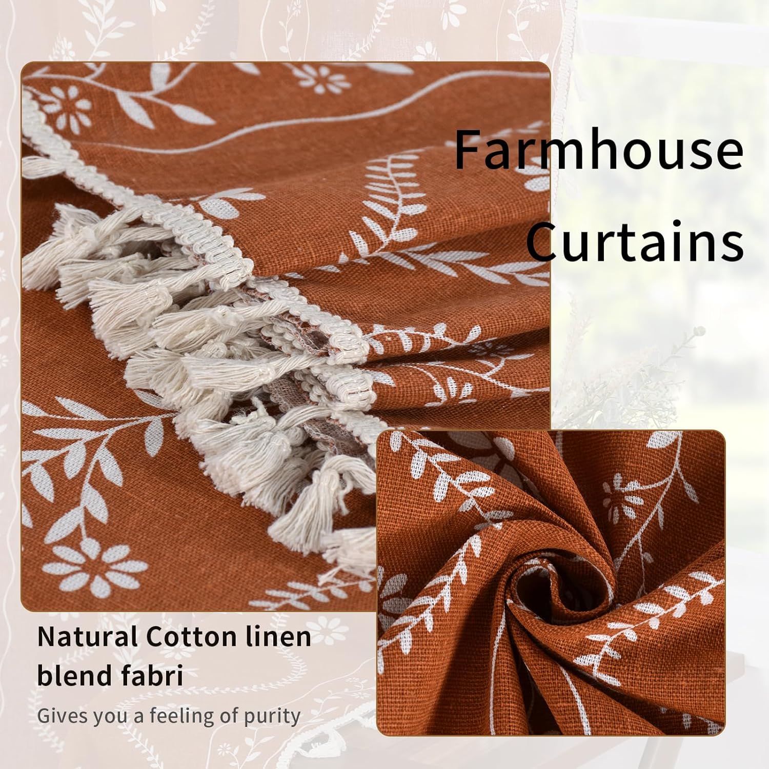 Schweek Terracotta Curtains 84 Inch Length Boho Farmhouse Curtains for Living Room 2 Panels, Linen Semi Sheer Vintage Farmhouse Printed Floral Burnt Orange Rustic Curtain Drapes