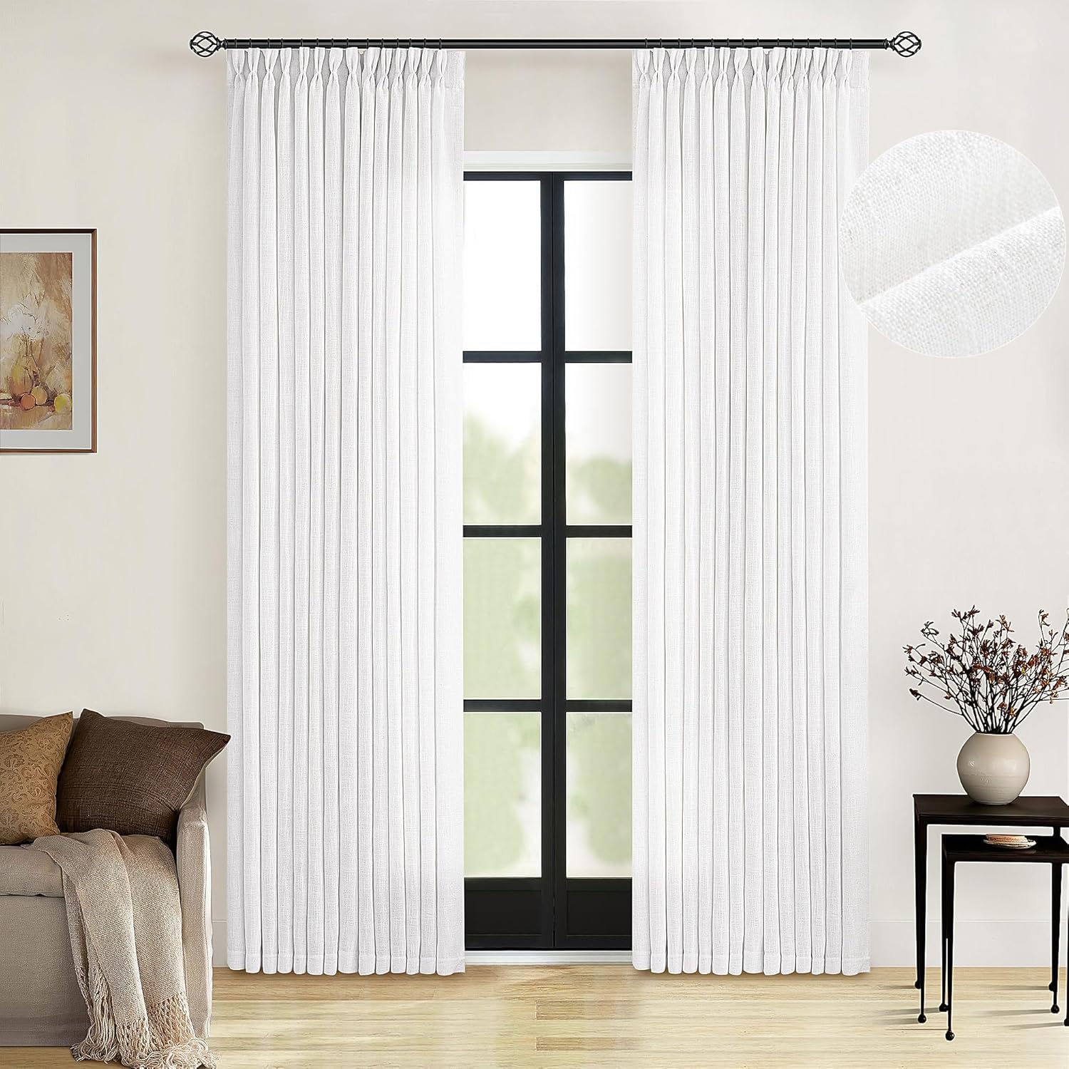 Natural Pinch Pleated Linen Curtains 84 Inch Length 2 Panels for Living Room Bedroom Textured Cream Ivory Birch Semi Sheer Boho Neutral Back Tab Pinch Pleat Hooks Rings Window Curtain 84 Inches Long