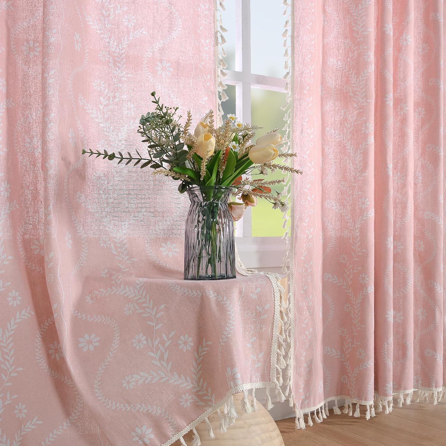 Schweek Terracotta Curtains 84 Inch Length Boho Farmhouse Curtains for Living Room 2 Panels, Linen Semi Sheer Vintage Farmhouse Printed Floral Burnt Orange Rustic Curtain Drapes