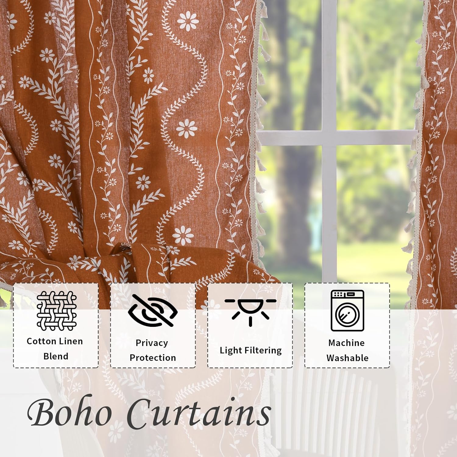 Schweek Terracotta Curtains 84 Inch Length Boho Farmhouse Curtains for Living Room 2 Panels, Linen Semi Sheer Vintage Farmhouse Printed Floral Burnt Orange Rustic Curtain Drapes