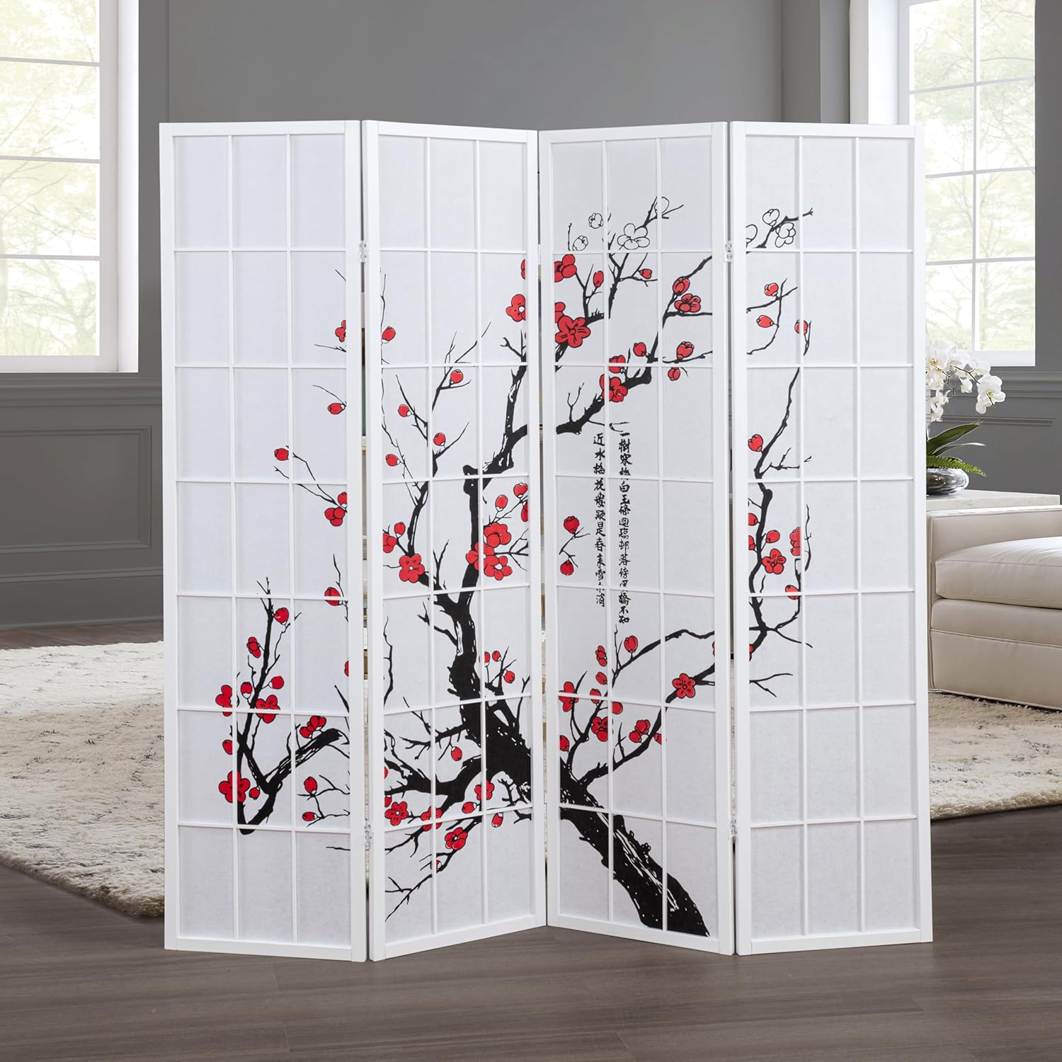 Roundhill Furniture Black Japanese 4-Panel Screen Room Divider, Plum Blossom