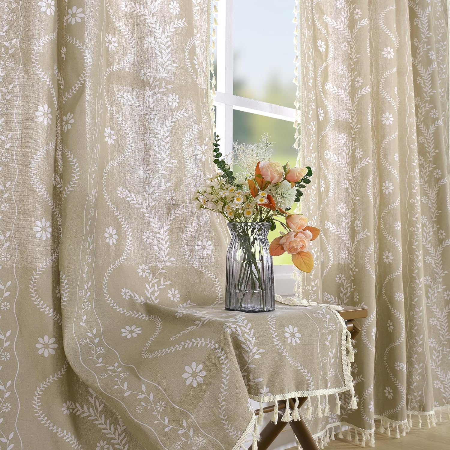 Schweek Terracotta Curtains 84 Inch Length Boho Farmhouse Curtains for Living Room 2 Panels, Linen Semi Sheer Vintage Farmhouse Printed Floral Burnt Orange Rustic Curtain Drapes