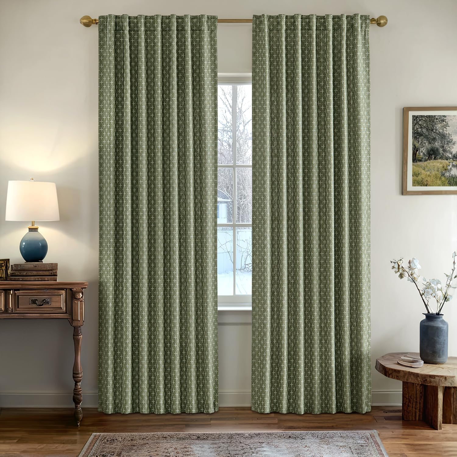 MIULEE Decorative Back Tab Linen Curtains with Geometric Pattern for Living Room Bedroom Farmhouse Rustic Thick Woven Textured Patterned Mudcloth Drapes 90 Inch Long 2 Panels Set, Olive Green