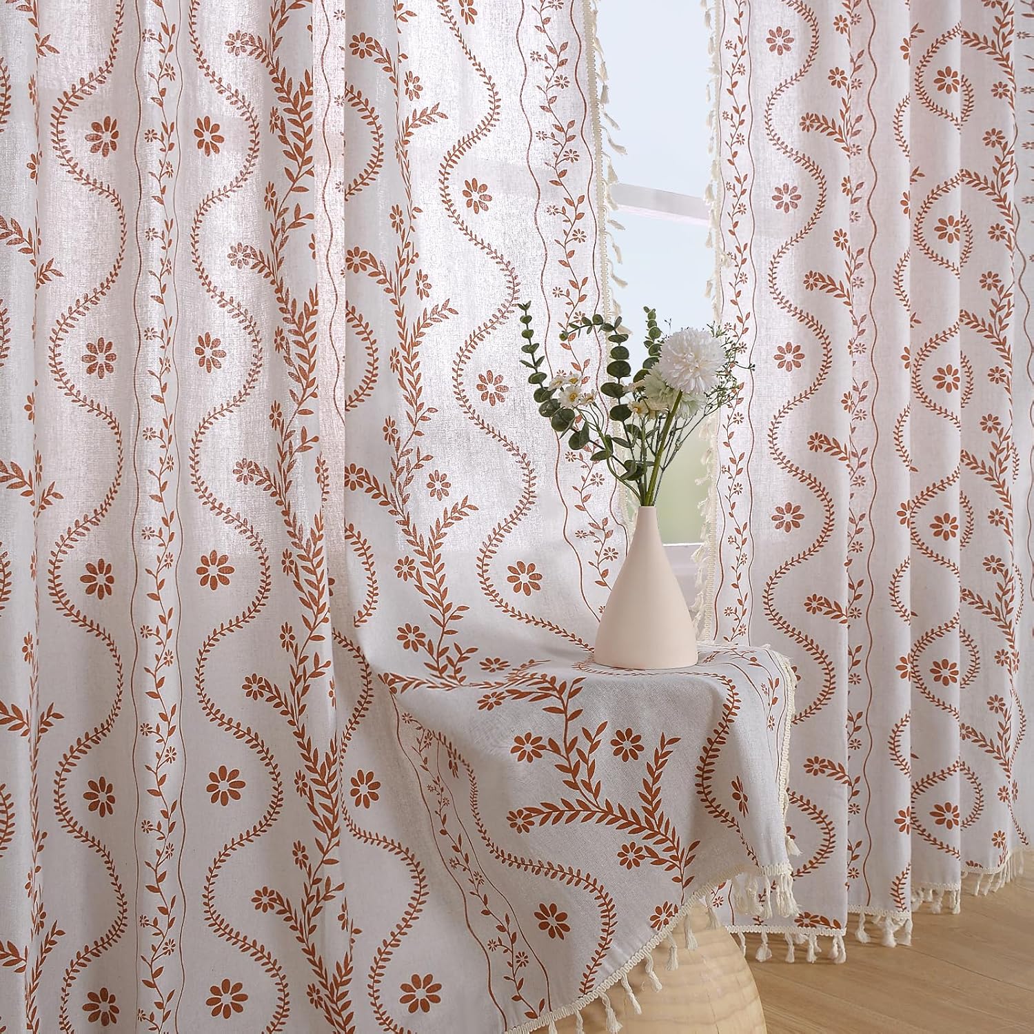 Schweek Terracotta Curtains 84 Inch Length Boho Farmhouse Curtains for Living Room 2 Panels, Linen Semi Sheer Vintage Farmhouse Printed Floral Burnt Orange Rustic Curtain Drapes