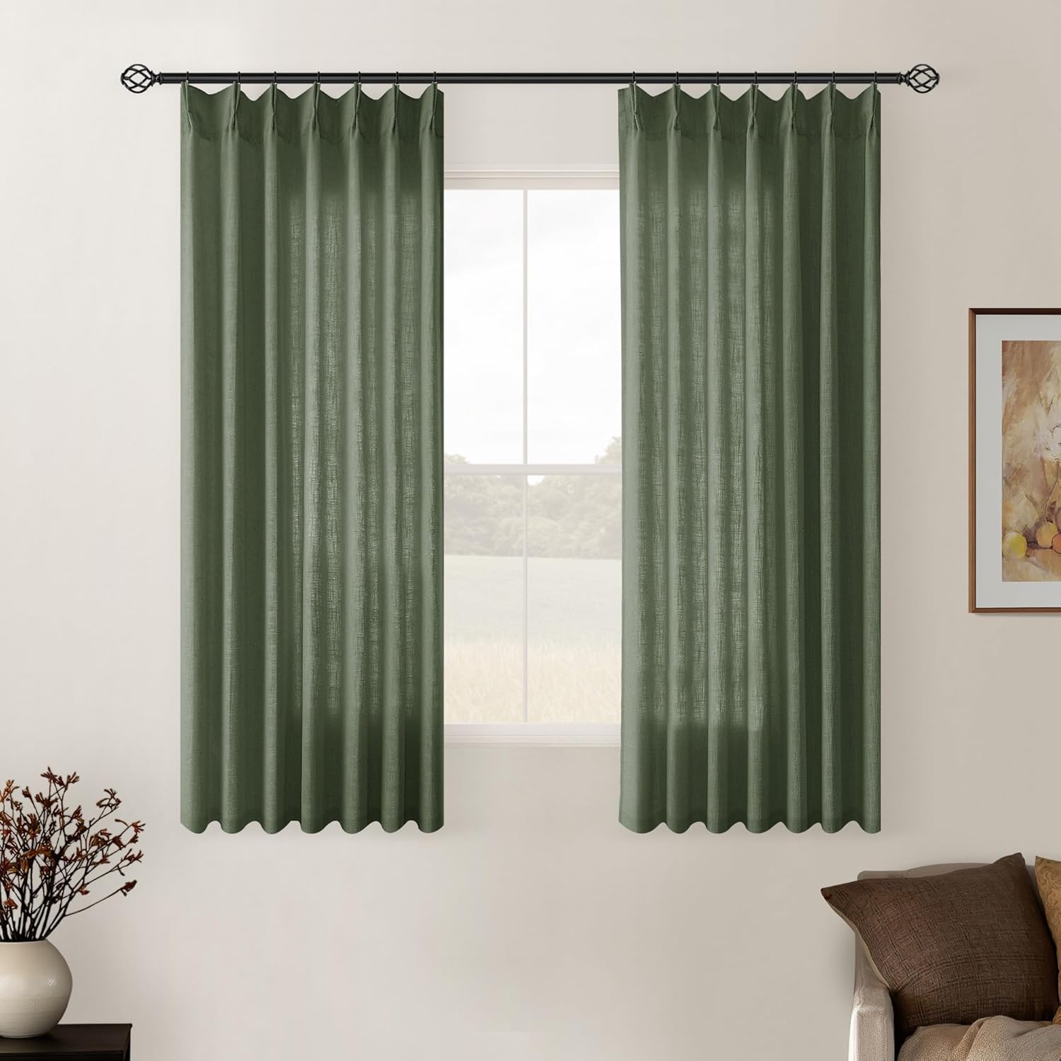 Natural Pinch Pleated Linen Curtains 84 Inch Length 2 Panels for Living Room Bedroom Textured Cream Ivory Birch Semi Sheer Boho Neutral Back Tab Pinch Pleat Hooks Rings Window Curtain 84 Inches Long