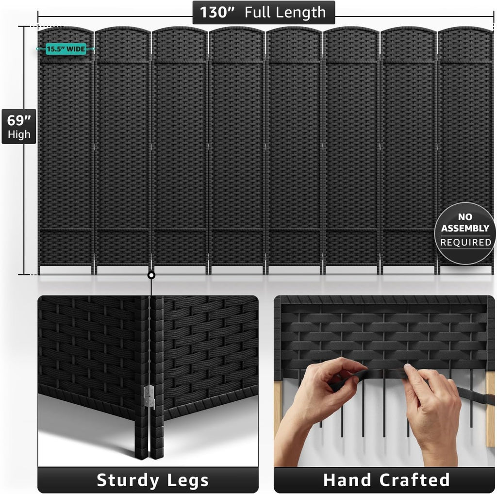 Sorbus 8-Panel Black Room Divider with Double Hinged Panels, 6 ft Tall Folding Privacy Screen