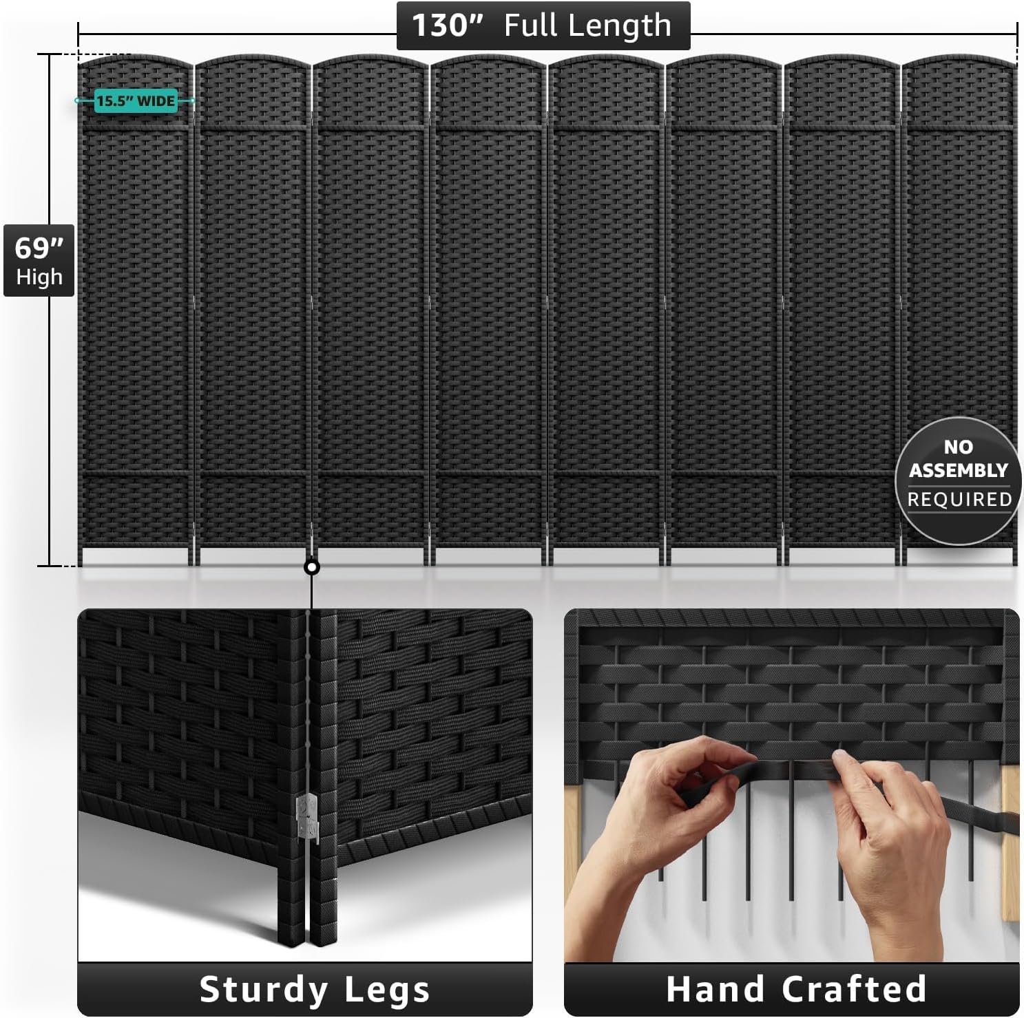 Sorbus 8-Panel Black Room Divider with Double Hinged Panels, 6 ft Tall Folding Privacy Screen