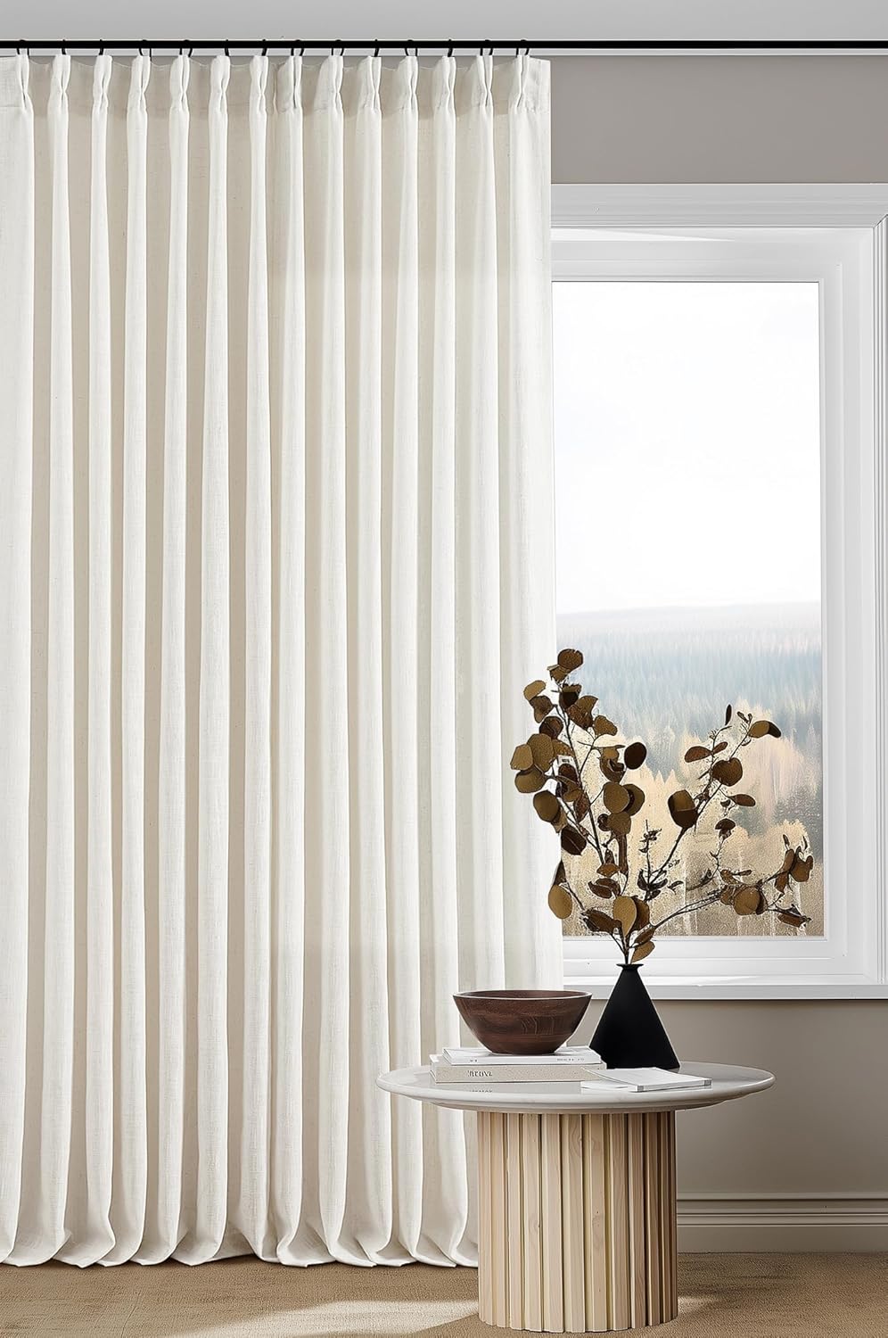Natural Pinch Pleated Linen Curtains 84 Inch Length 2 Panels for Living Room Bedroom Textured Cream Ivory Birch Semi Sheer Boho Neutral Back Tab Pinch Pleat Hooks Rings Window Curtain 84 Inches Long