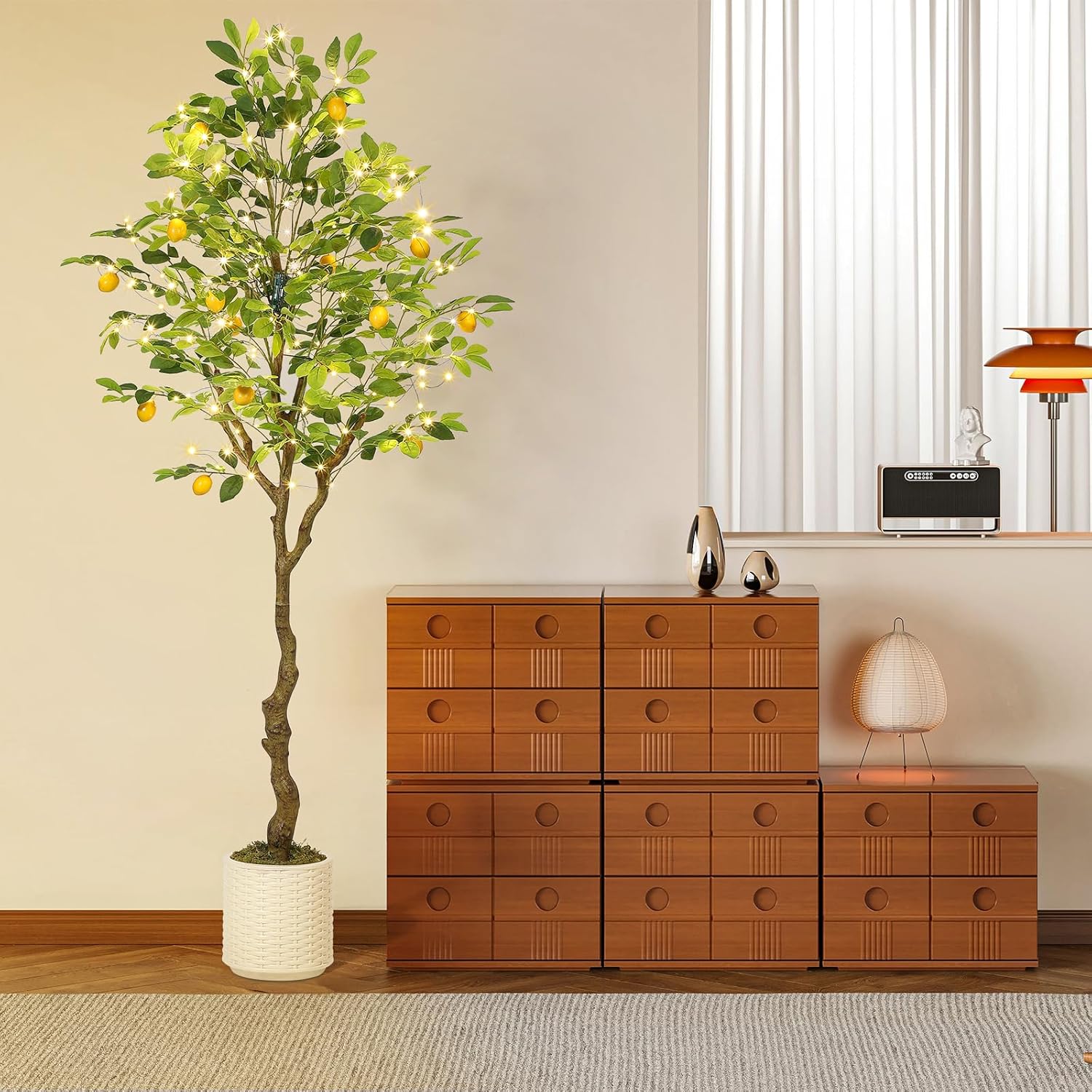 GarveeHome 6 ft Artificial Lemon Tree Indoor, Pre Potted Faux Lemon Tree with Realistic Fruit and Lifelike Leaves, Fake Lemom Plant with 100 Lights for Indoor Home Decor Office Living Room