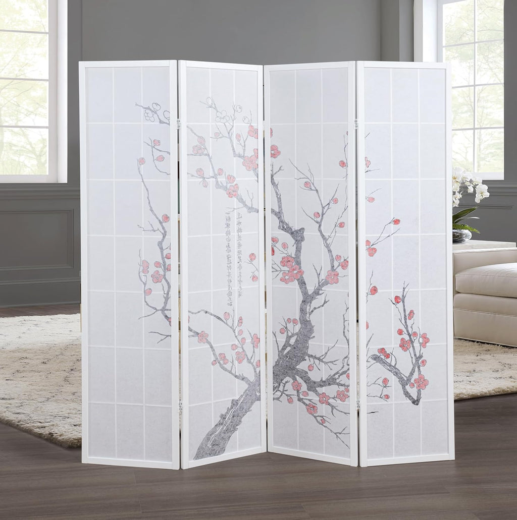Roundhill Furniture Black Japanese 4-Panel Screen Room Divider, Plum Blossom