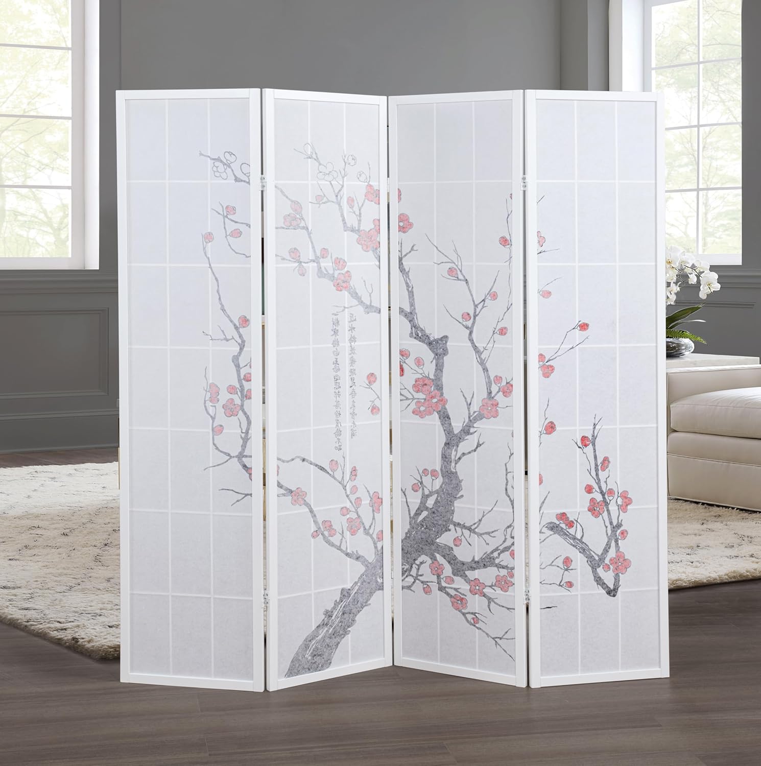 Roundhill Furniture Black Japanese 4-Panel Screen Room Divider, Plum Blossom