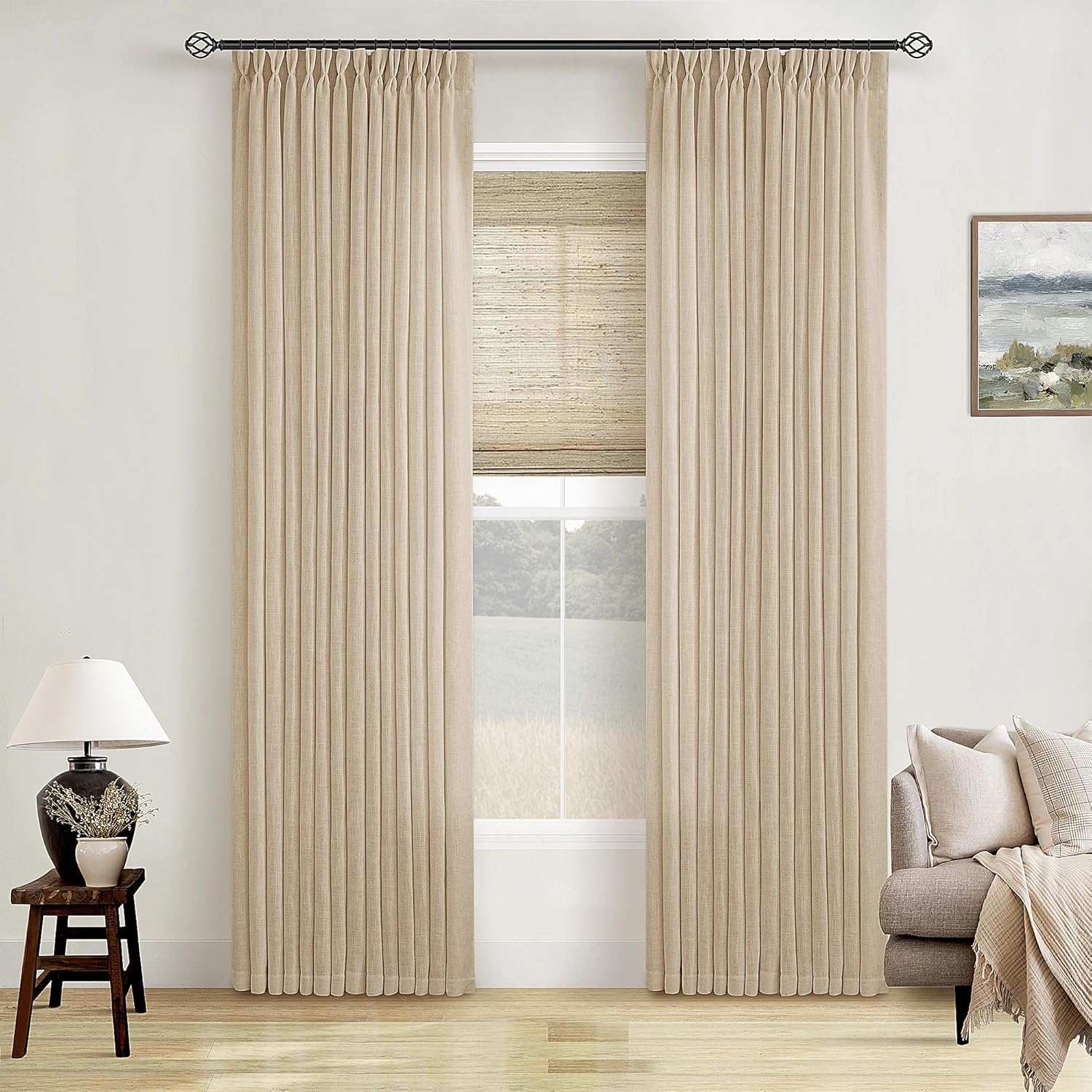 Natural Pinch Pleated Linen Curtains 84 Inch Length 2 Panels for Living Room Bedroom Textured Cream Ivory Birch Semi Sheer Boho Neutral Back Tab Pinch Pleat Hooks Rings Window Curtain 84 Inches Long