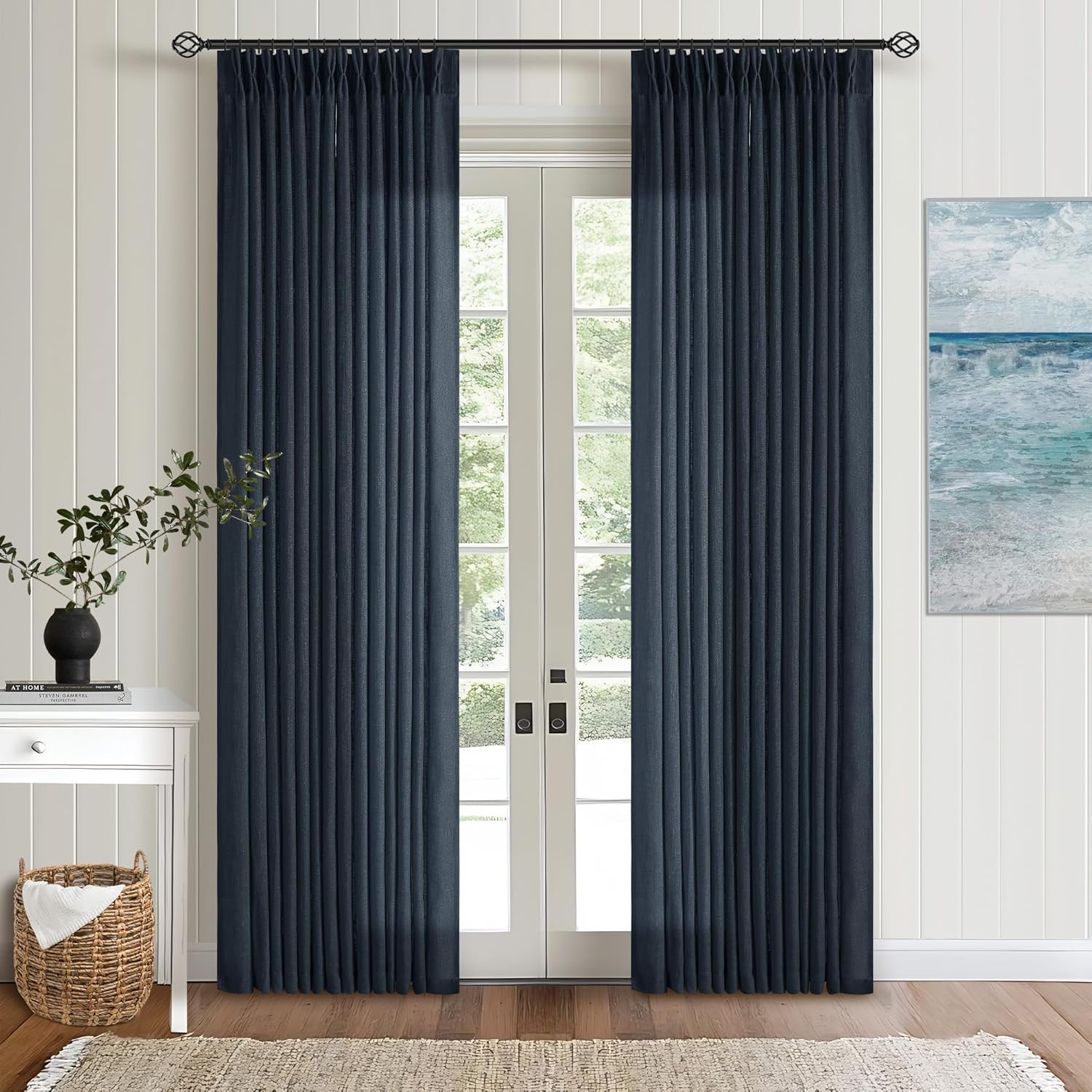 Natural Pinch Pleated Linen Curtains 84 Inch Length 2 Panels for Living Room Bedroom Textured Cream Ivory Birch Semi Sheer Boho Neutral Back Tab Pinch Pleat Hooks Rings Window Curtain 84 Inches Long