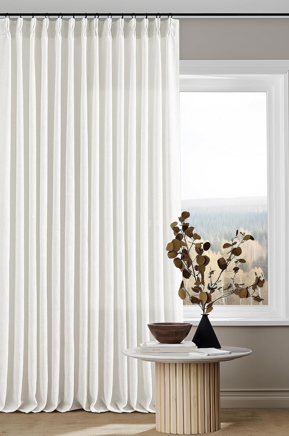 Natural Pinch Pleated Linen Curtains 84 Inch Length 2 Panels for Living Room Bedroom Textured Cream Ivory Birch Semi Sheer Boho Neutral Back Tab Pinch Pleat Hooks Rings Window Curtain 84 Inches Long