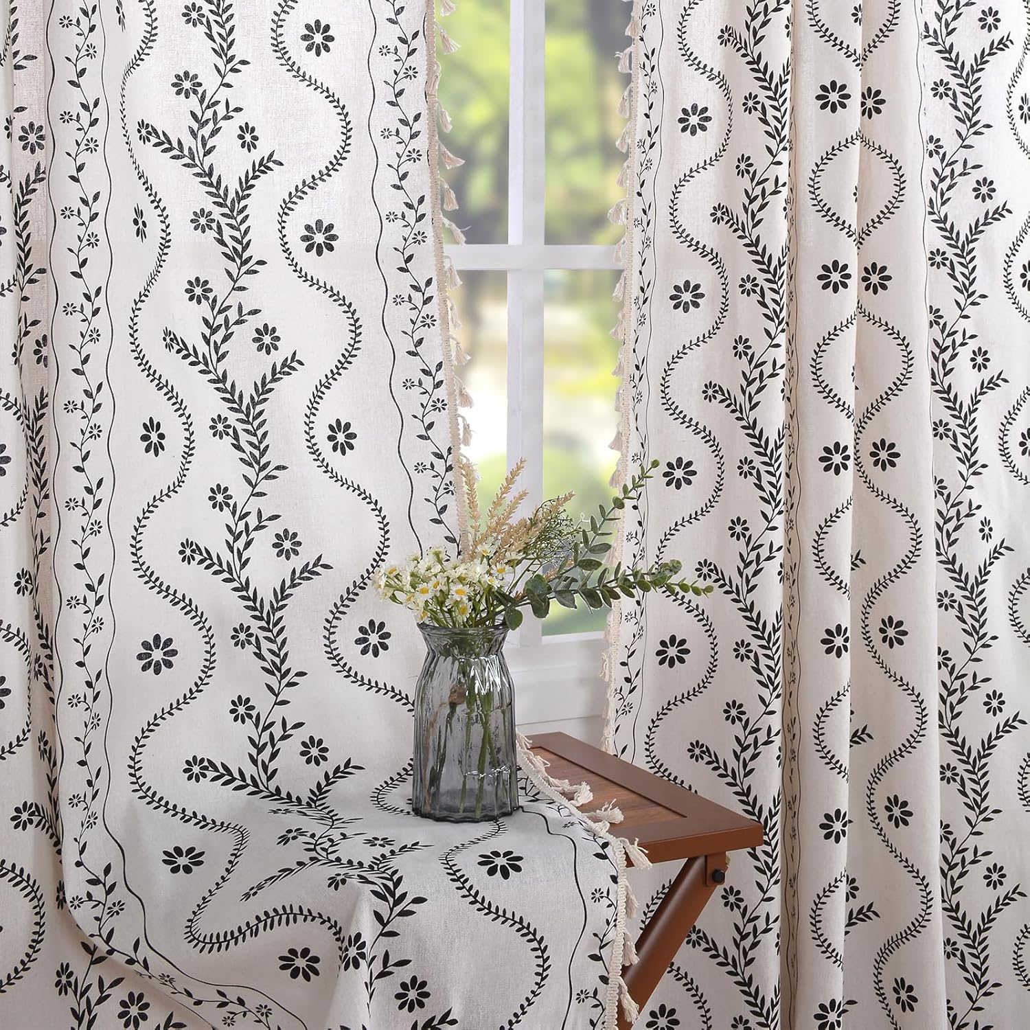 Schweek Terracotta Curtains 84 Inch Length Boho Farmhouse Curtains for Living Room 2 Panels, Linen Semi Sheer Vintage Farmhouse Printed Floral Burnt Orange Rustic Curtain Drapes