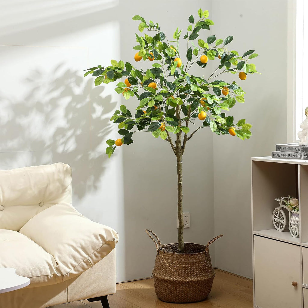 Jexine 2 Pack Artificial Lemon Tree 5 ft Tall Fake Plant Pre Potted Faux Lemon Tree Realistic Fruits for Indoor Home Decor Office Living Room