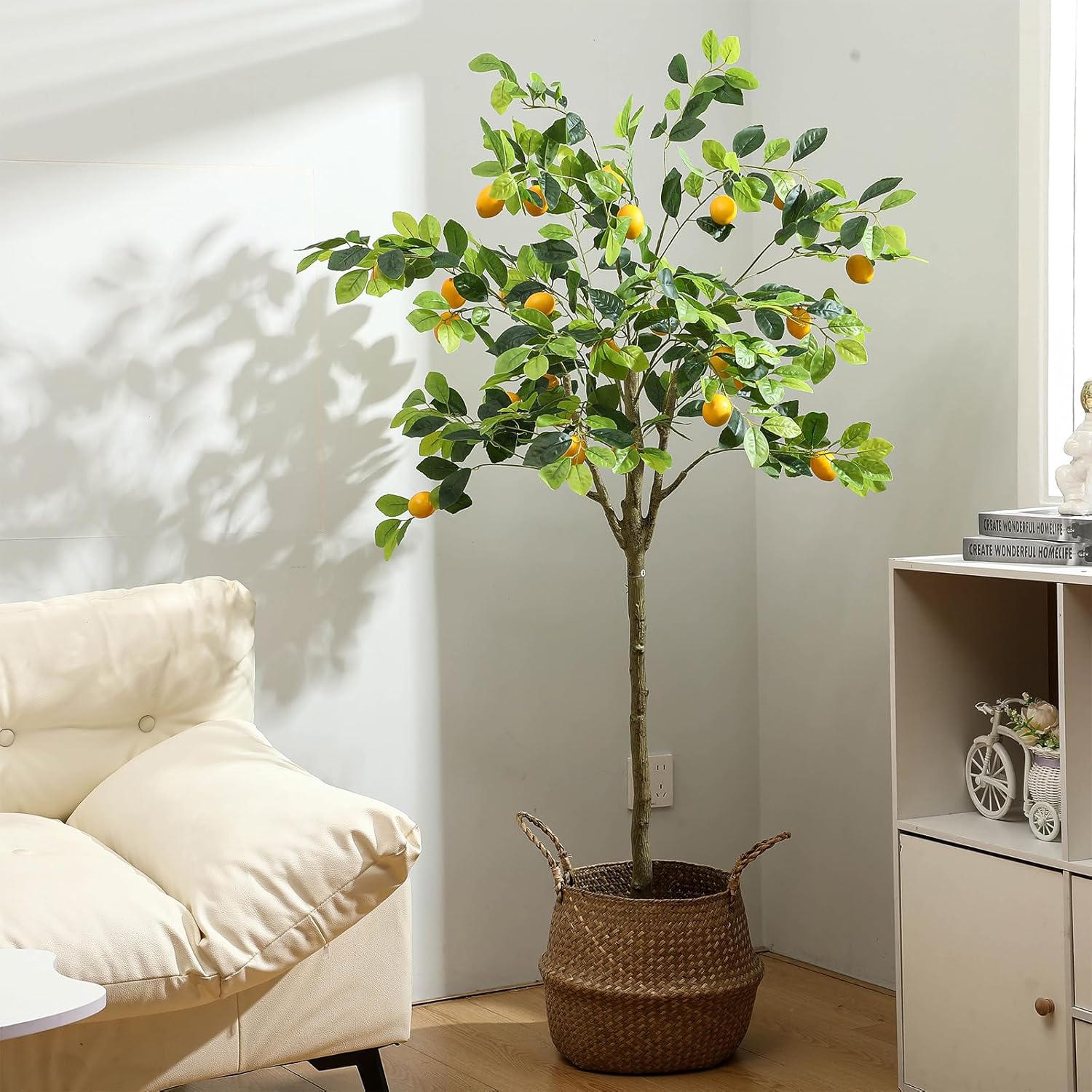 Jexine 2 Pack Artificial Lemon Tree 5 ft Tall Fake Plant Pre Potted Faux Lemon Tree Realistic Fruits for Indoor Home Decor Office Living Room