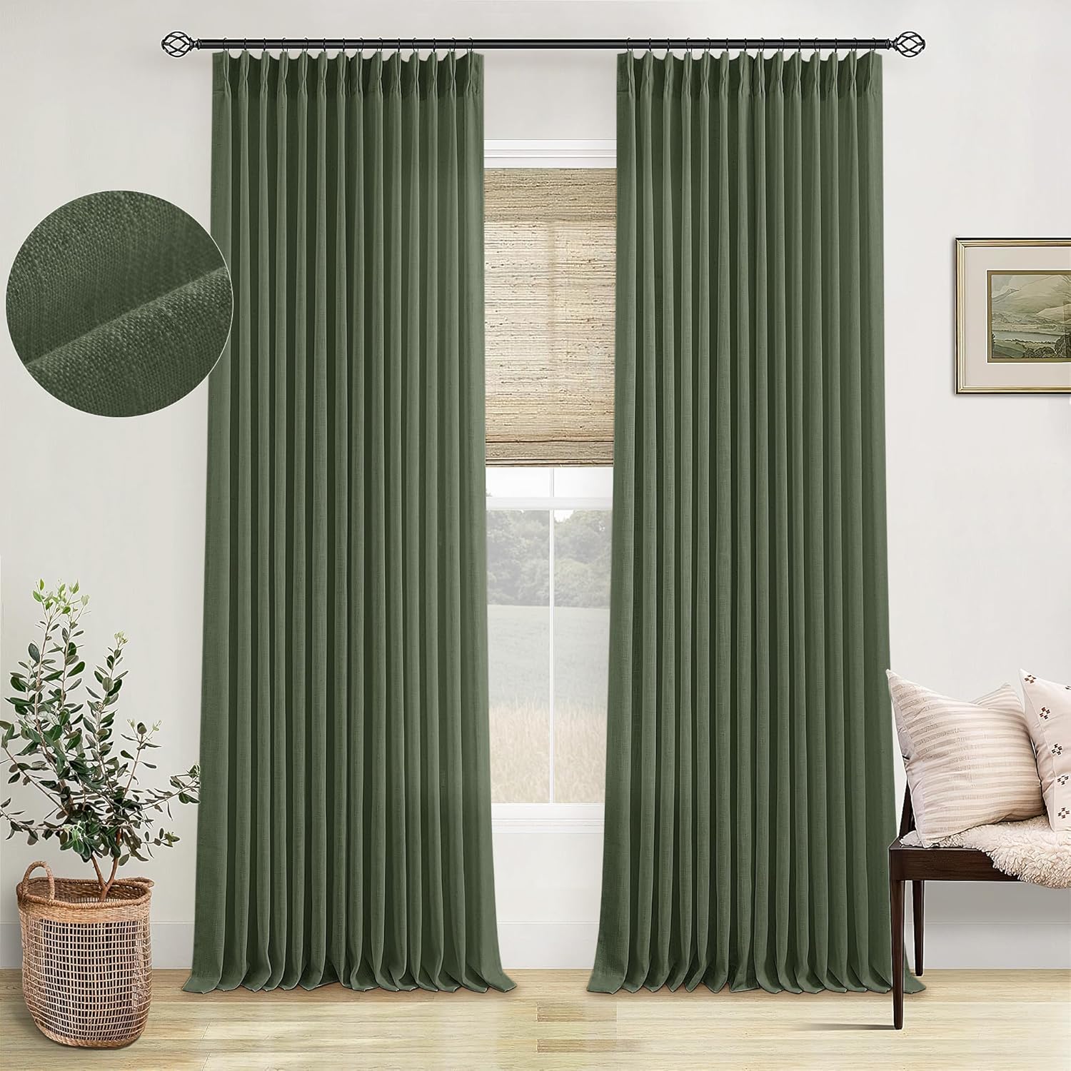 Natural Pinch Pleated Linen Curtains 84 Inch Length 2 Panels for Living Room Bedroom Textured Cream Ivory Birch Semi Sheer Boho Neutral Back Tab Pinch Pleat Hooks Rings Window Curtain 84 Inches Long