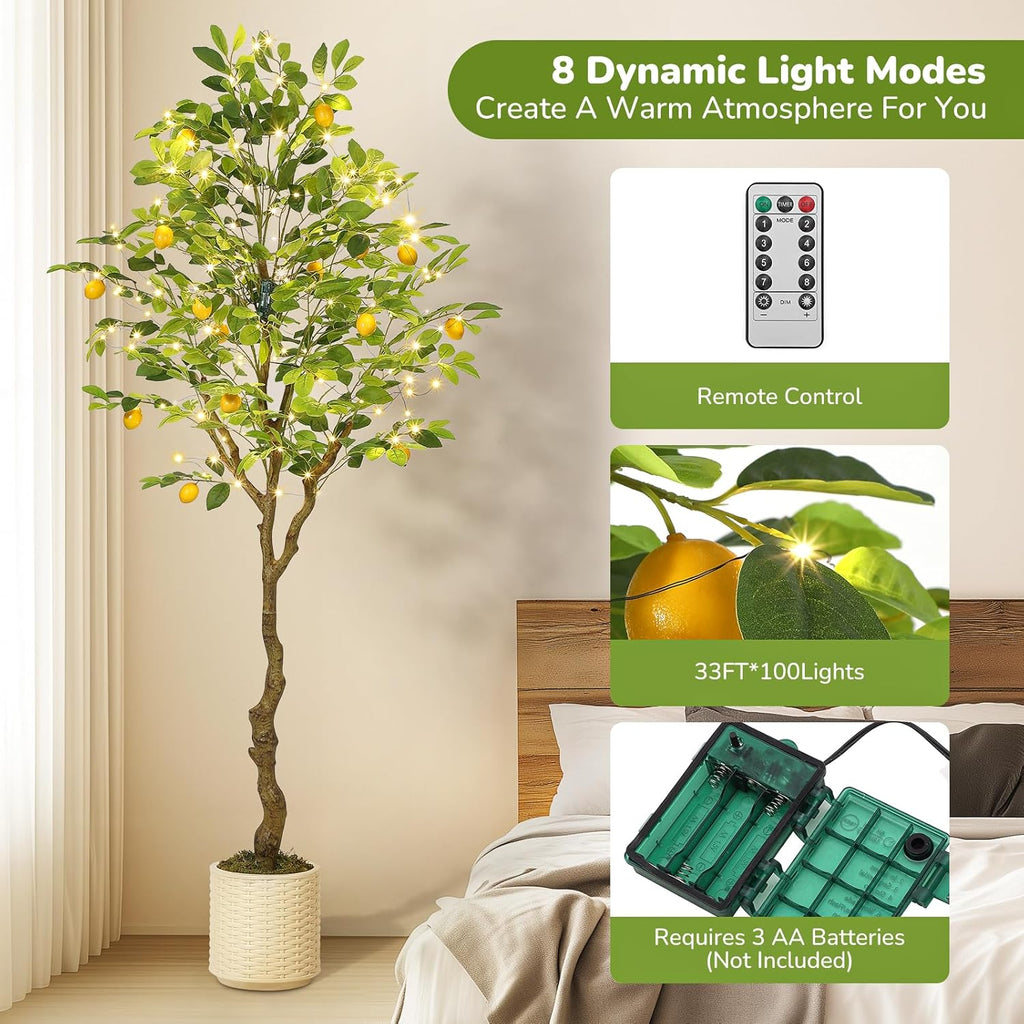GarveeHome 6 ft Artificial Lemon Tree Indoor, Pre Potted Faux Lemon Tree with Realistic Fruit and Lifelike Leaves, Fake Lemom Plant with 100 Lights for Indoor Home Decor Office Living Room