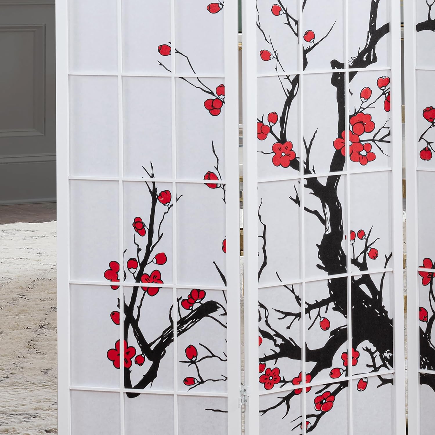 Roundhill Furniture Black Japanese 4-Panel Screen Room Divider, Plum Blossom