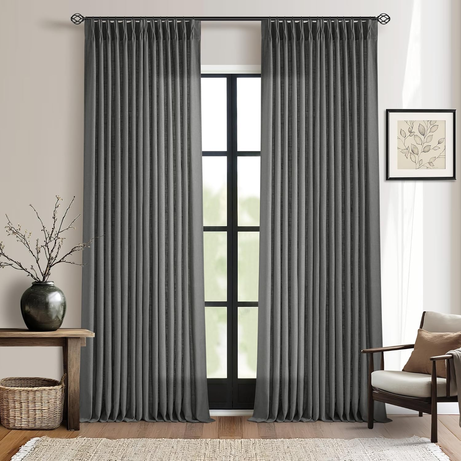 Natural Pinch Pleated Linen Curtains 84 Inch Length 2 Panels for Living Room Bedroom Textured Cream Ivory Birch Semi Sheer Boho Neutral Back Tab Pinch Pleat Hooks Rings Window Curtain 84 Inches Long