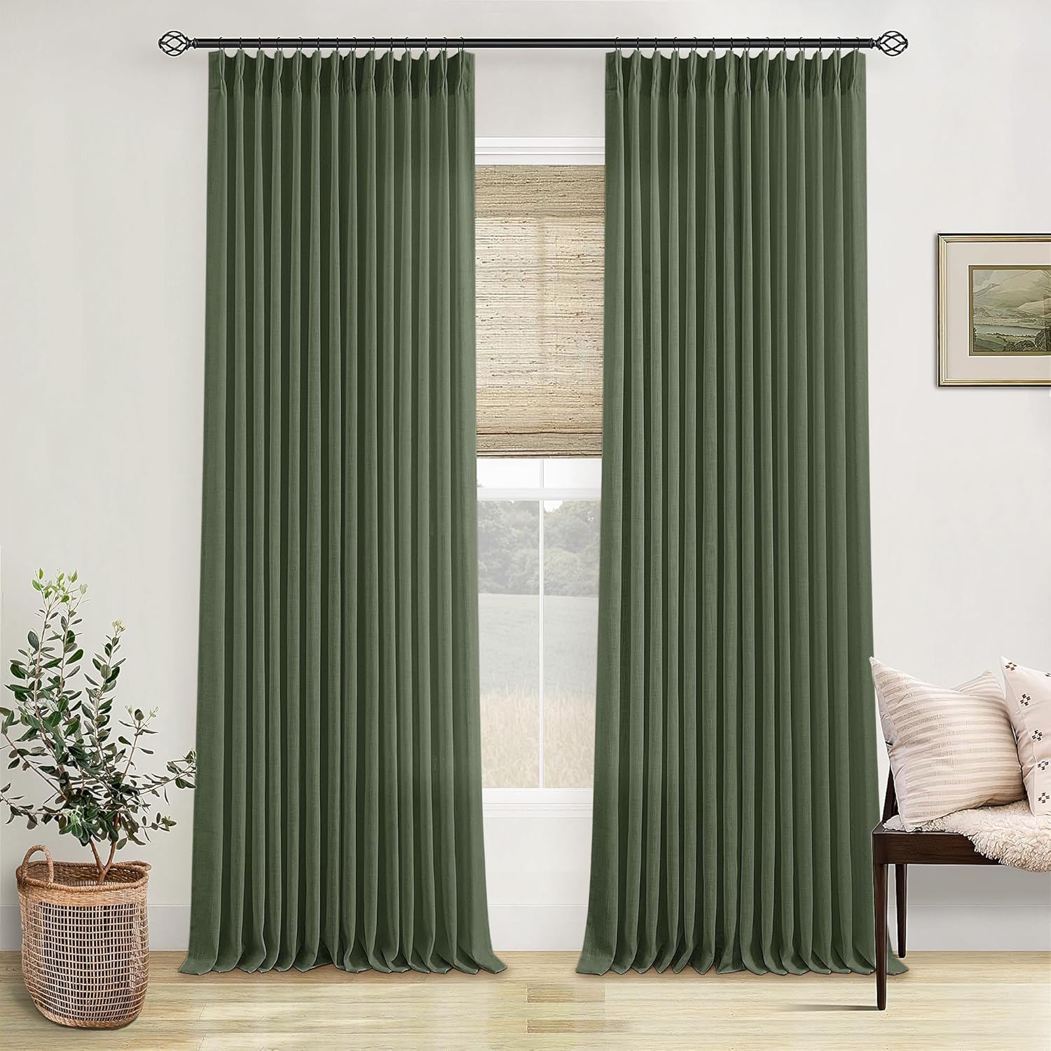 Natural Pinch Pleated Linen Curtains 84 Inch Length 2 Panels for Living Room Bedroom Textured Cream Ivory Birch Semi Sheer Boho Neutral Back Tab Pinch Pleat Hooks Rings Window Curtain 84 Inches Long