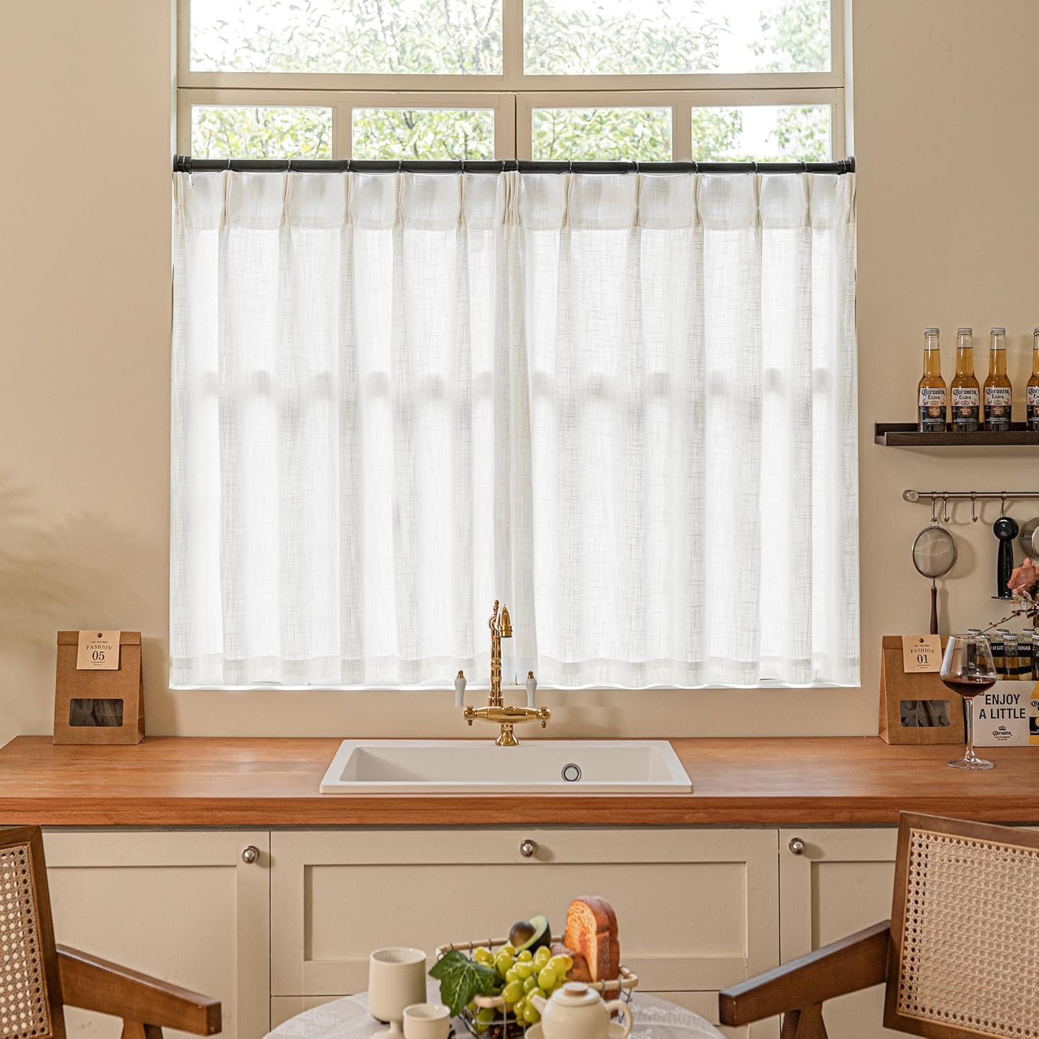 Natural Pinch Pleated Linen Curtains 84 Inch Length 2 Panels for Living Room Bedroom Textured Cream Ivory Birch Semi Sheer Boho Neutral Back Tab Pinch Pleat Hooks Rings Window Curtain 84 Inches Long