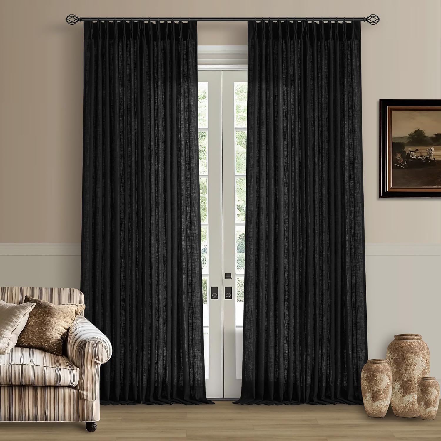 Natural Pinch Pleated Linen Curtains 84 Inch Length 2 Panels for Living Room Bedroom Textured Cream Ivory Birch Semi Sheer Boho Neutral Back Tab Pinch Pleat Hooks Rings Window Curtain 84 Inches Long