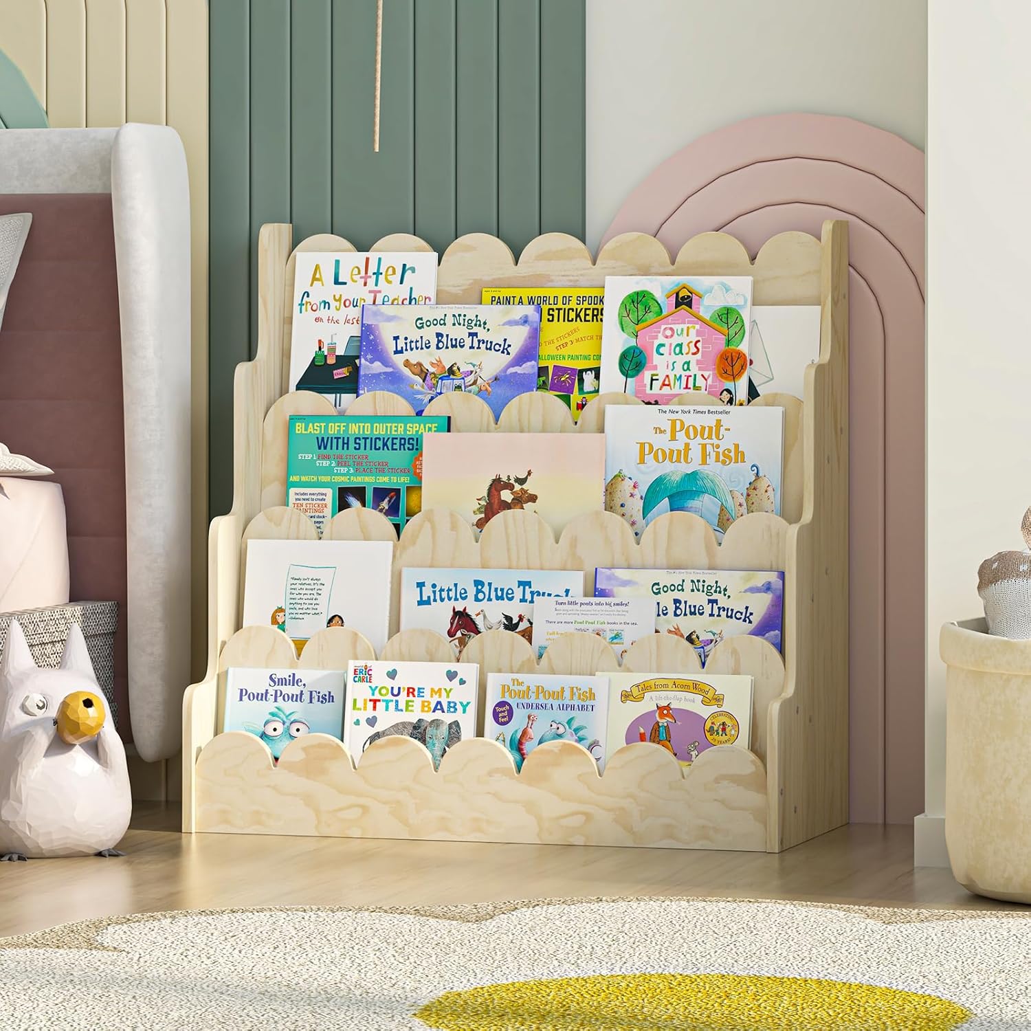 4 Tier Scalloped Kids Bookshelf Natural Wood Toddler Book Rack Nursery Bookcase Playroom Coloring Book Magazine Display Storage Shelf Organizer Classroom Library Homeschooling (Natural Wood)