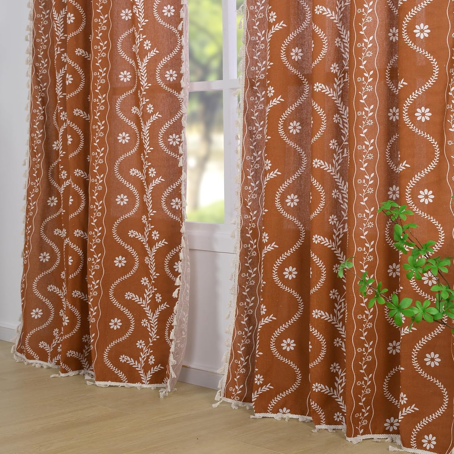 Schweek Terracotta Curtains 84 Inch Length Boho Farmhouse Curtains for Living Room 2 Panels, Linen Semi Sheer Vintage Farmhouse Printed Floral Burnt Orange Rustic Curtain Drapes