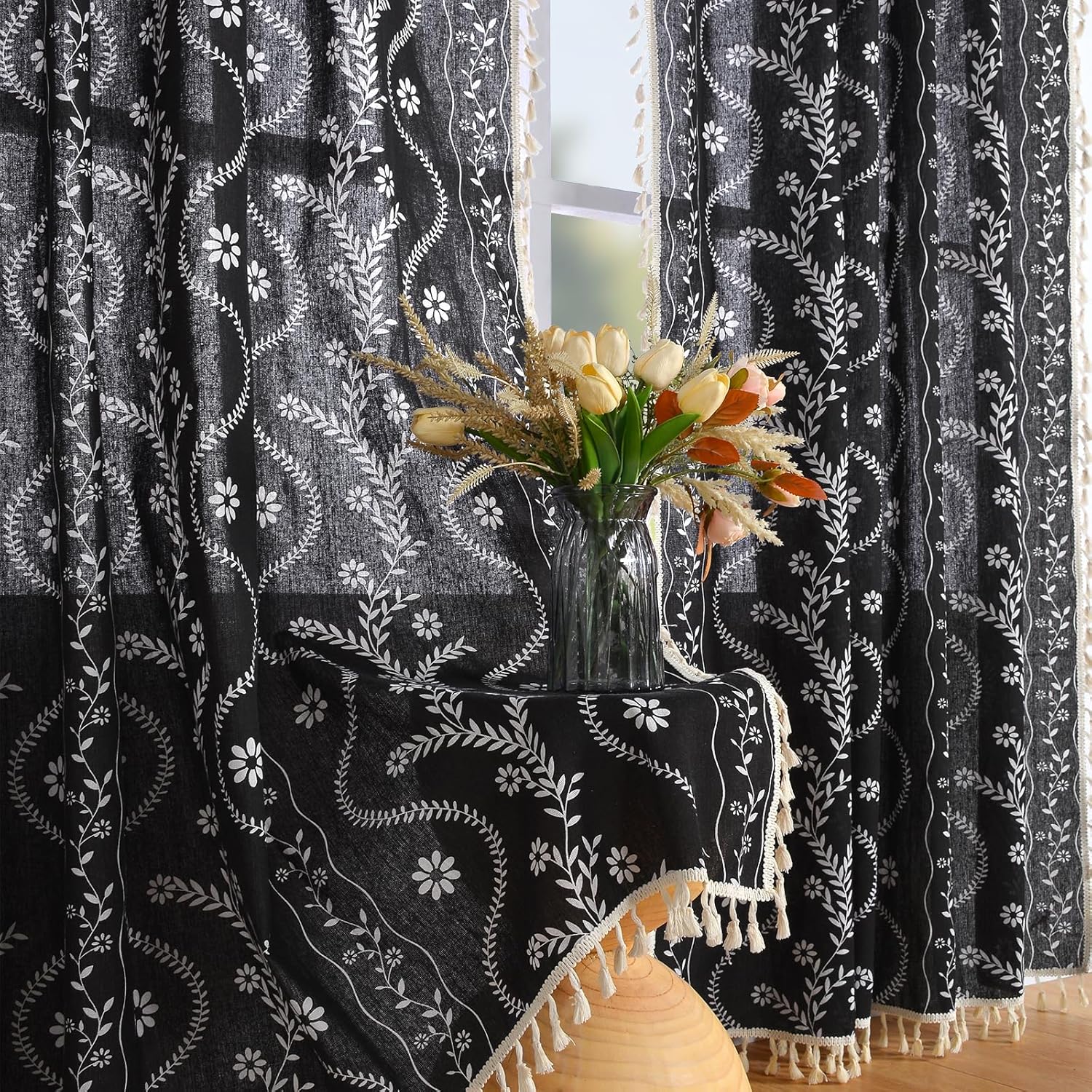 Schweek Terracotta Curtains 84 Inch Length Boho Farmhouse Curtains for Living Room 2 Panels, Linen Semi Sheer Vintage Farmhouse Printed Floral Burnt Orange Rustic Curtain Drapes