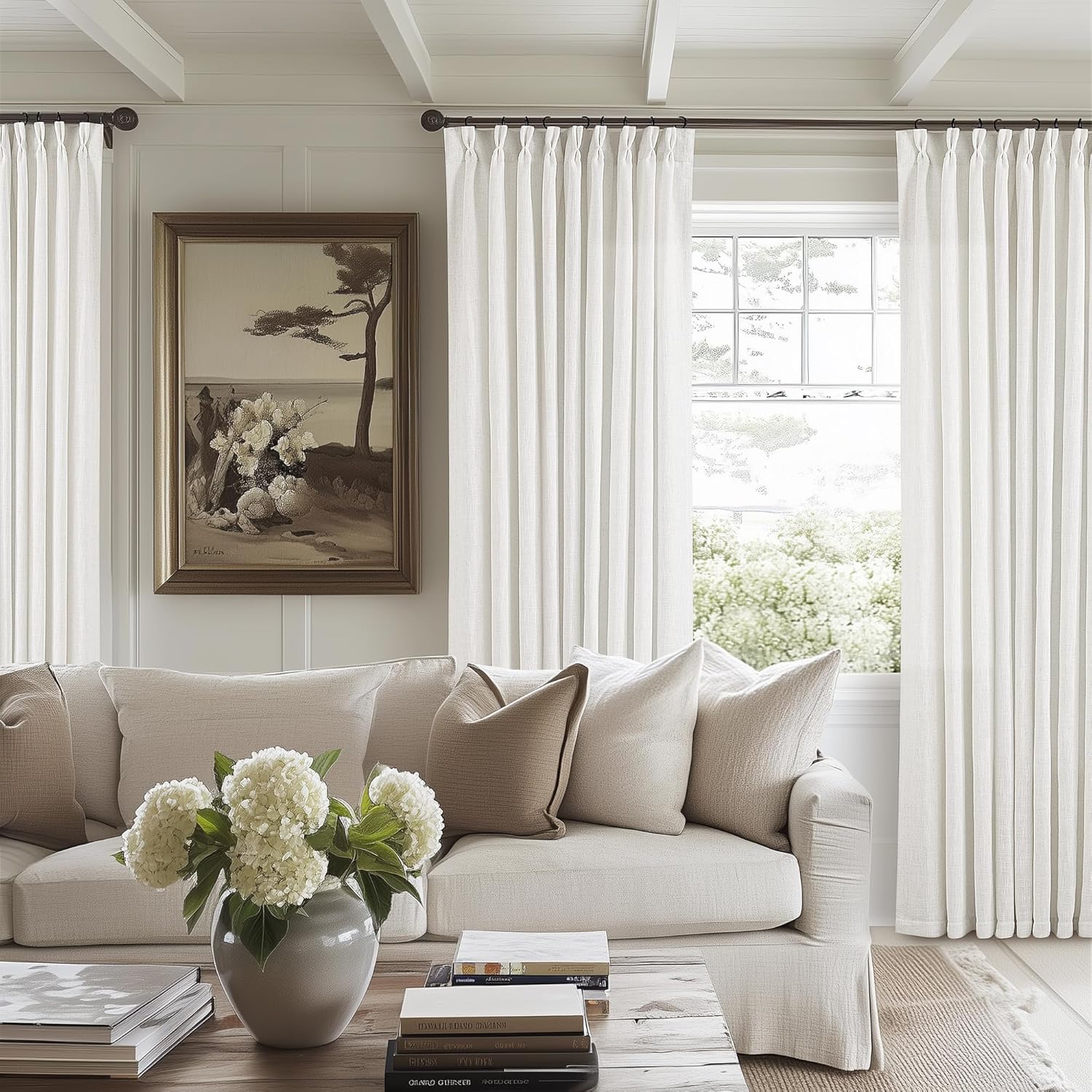Natural Pinch Pleated Linen Curtains 84 Inch Length 2 Panels for Living Room Bedroom Textured Cream Ivory Birch Semi Sheer Boho Neutral Back Tab Pinch Pleat Hooks Rings Window Curtain 84 Inches Long